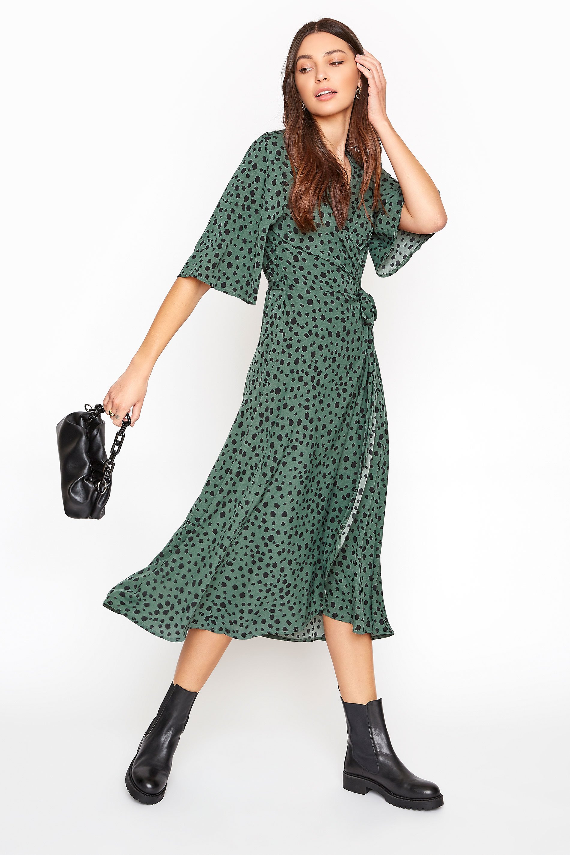 LTS Dark Sage Green Dalmatian Wrap Midi Dress | Long Tall Sally