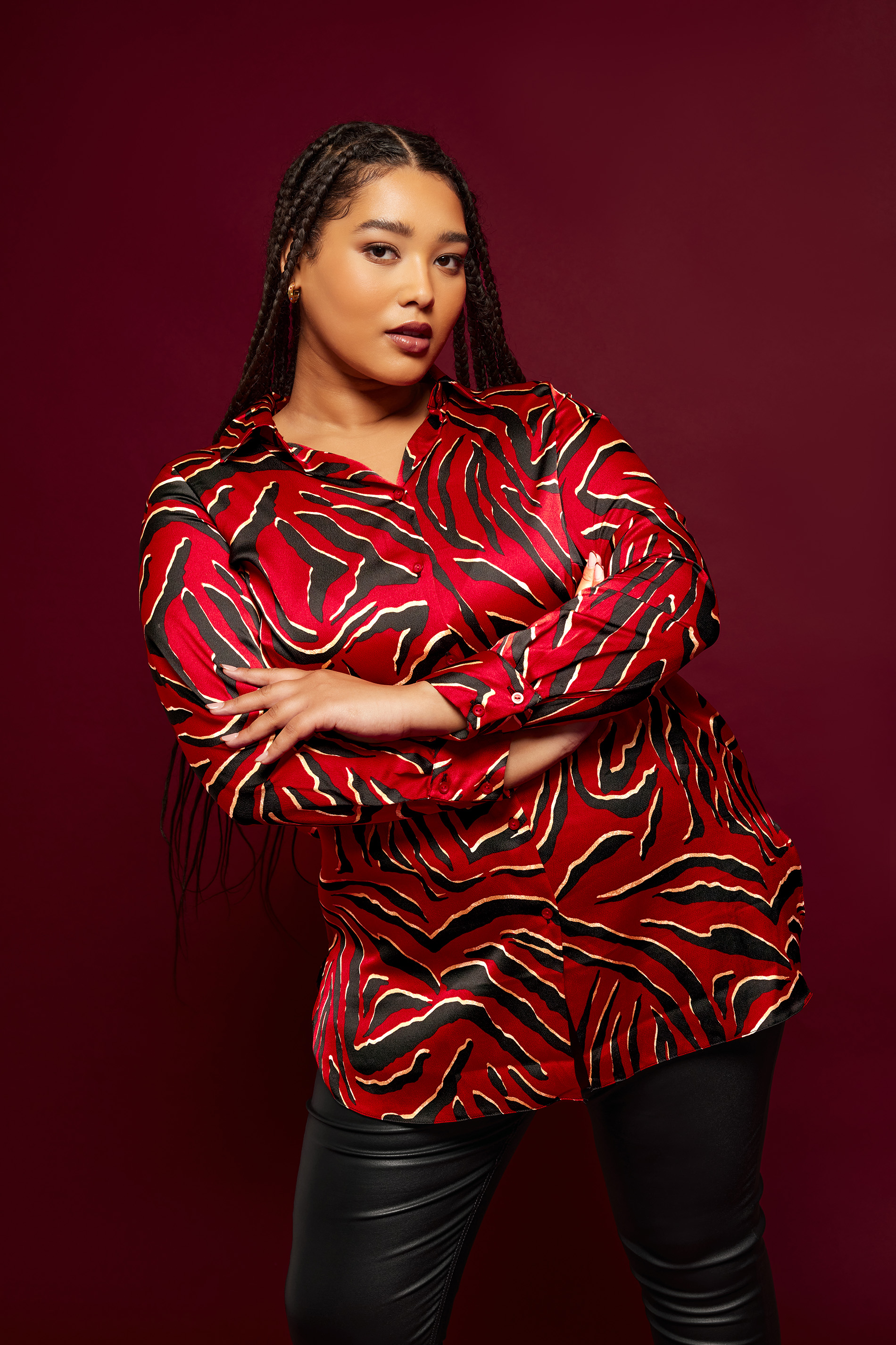 YOURS LONDON Plus Size Red Zebra Print Satin Shirt | Yours Clothing 1