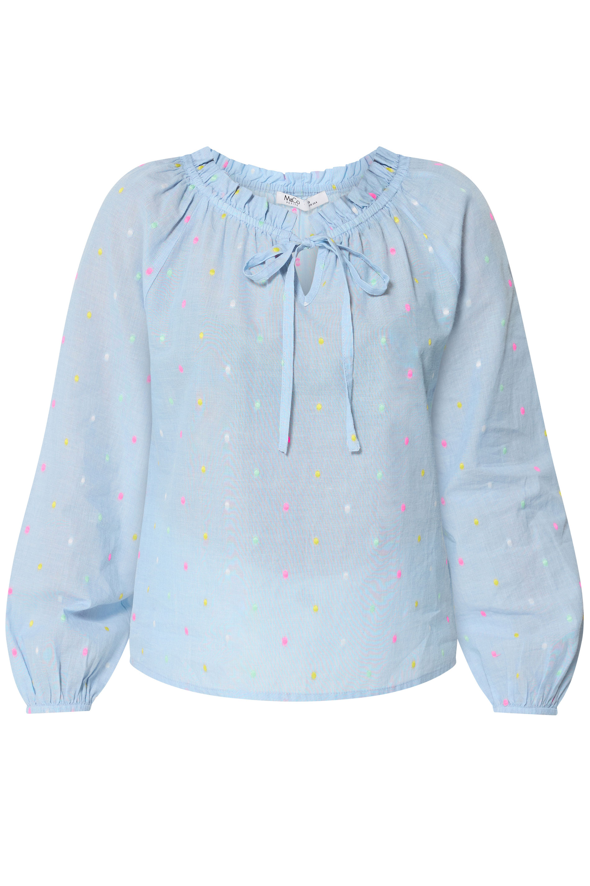 M&Co Petite Light Blue Dobby Tie Neck Blouse | M&Co 5