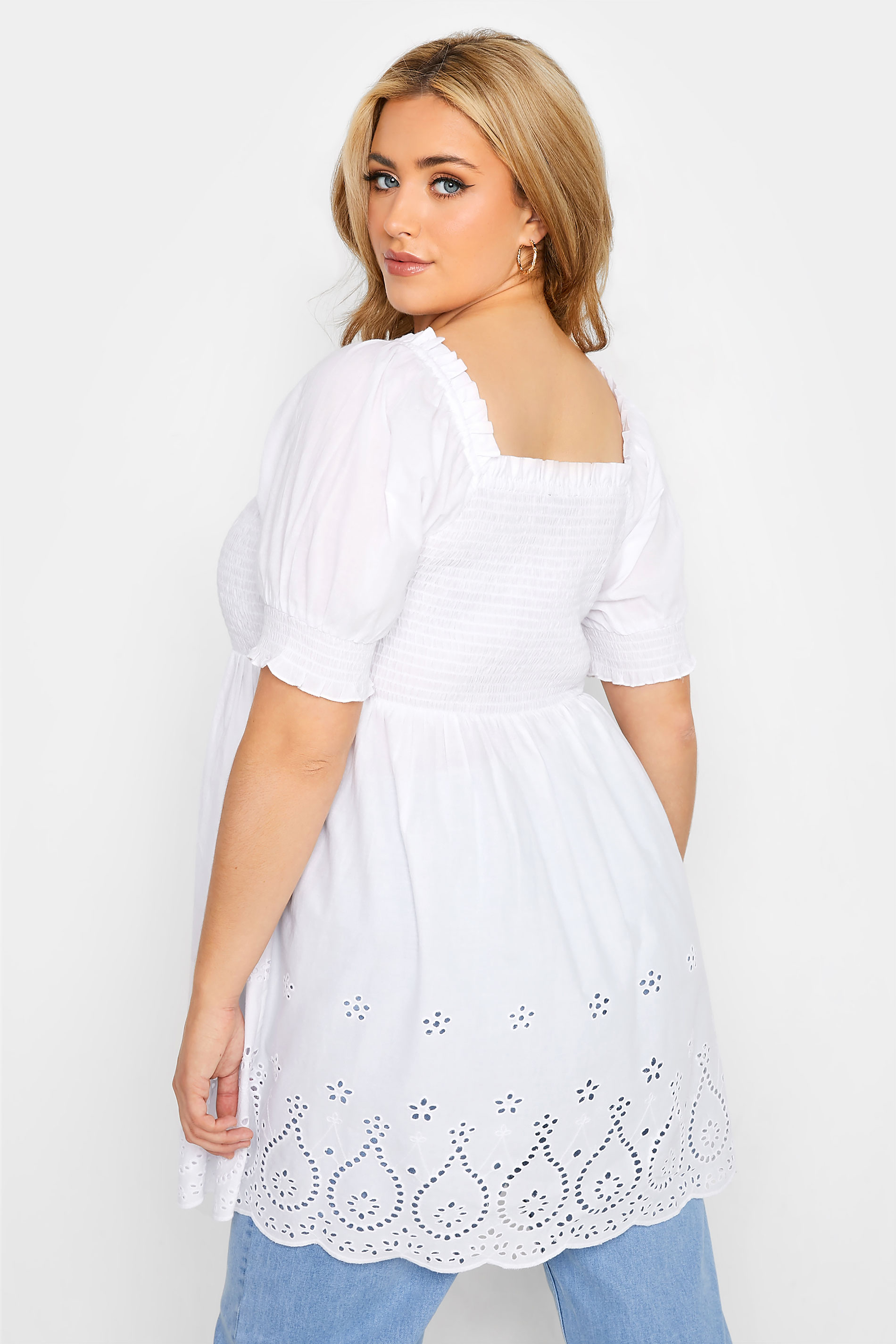 Plus Size White Shirred Broderie Anglaise Top | Yours Clothing 3
