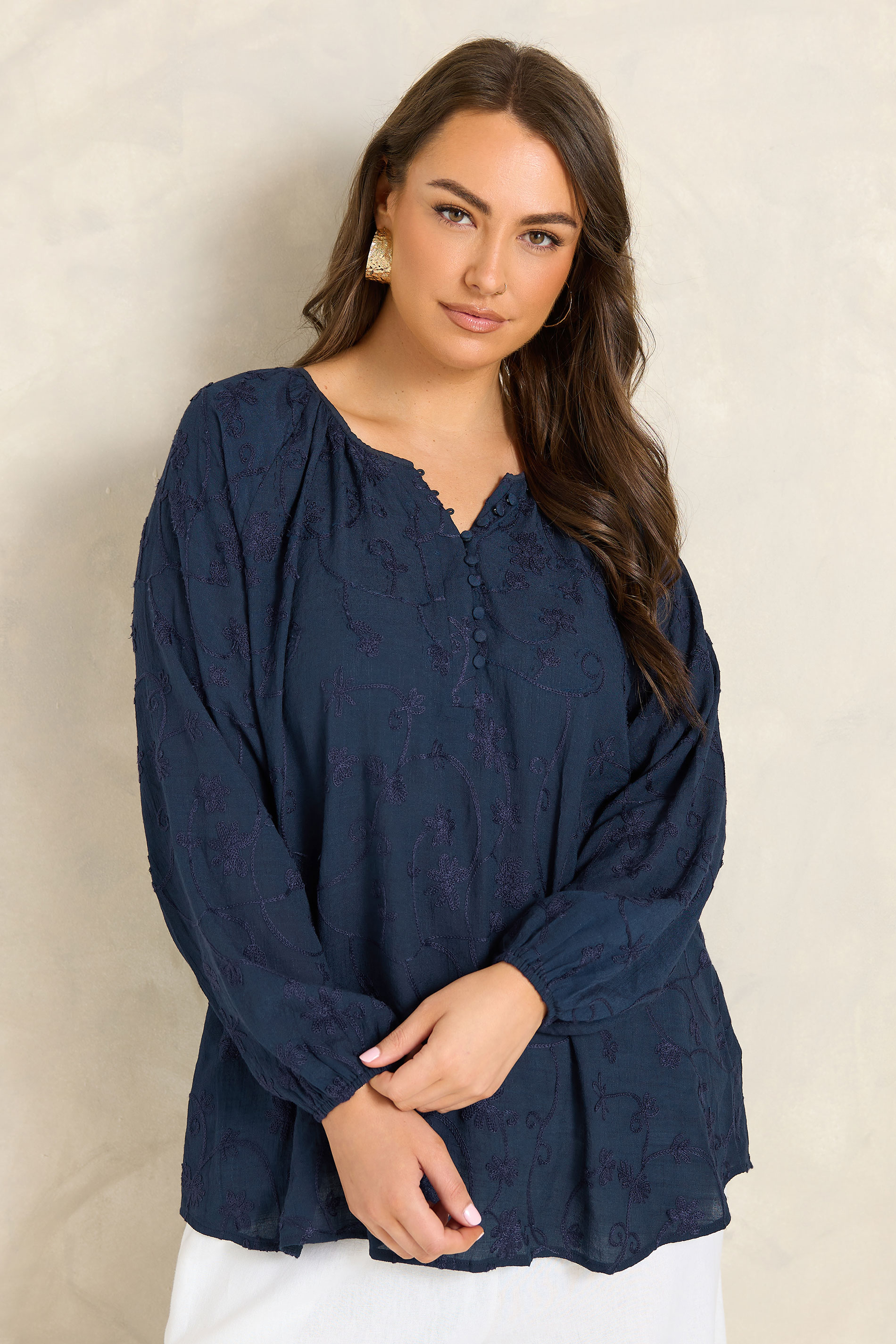 EVANS Plus Size Navy Blue Floral Embroidered Blouse | Evans 1