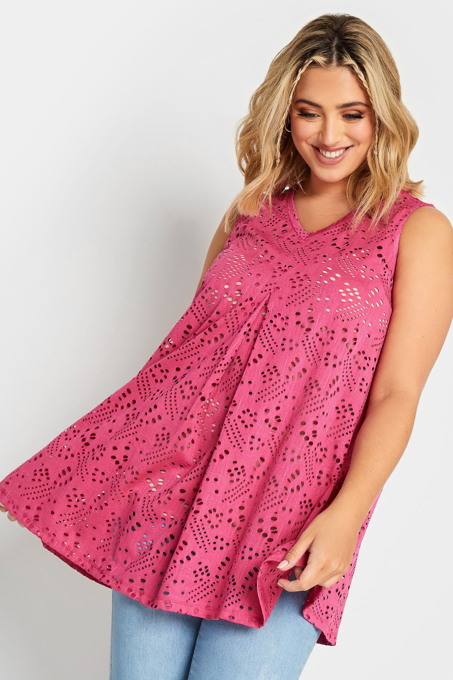 YOURS Curve Plus Size Pink Broderie Swing Vest | Yours Clothing 1