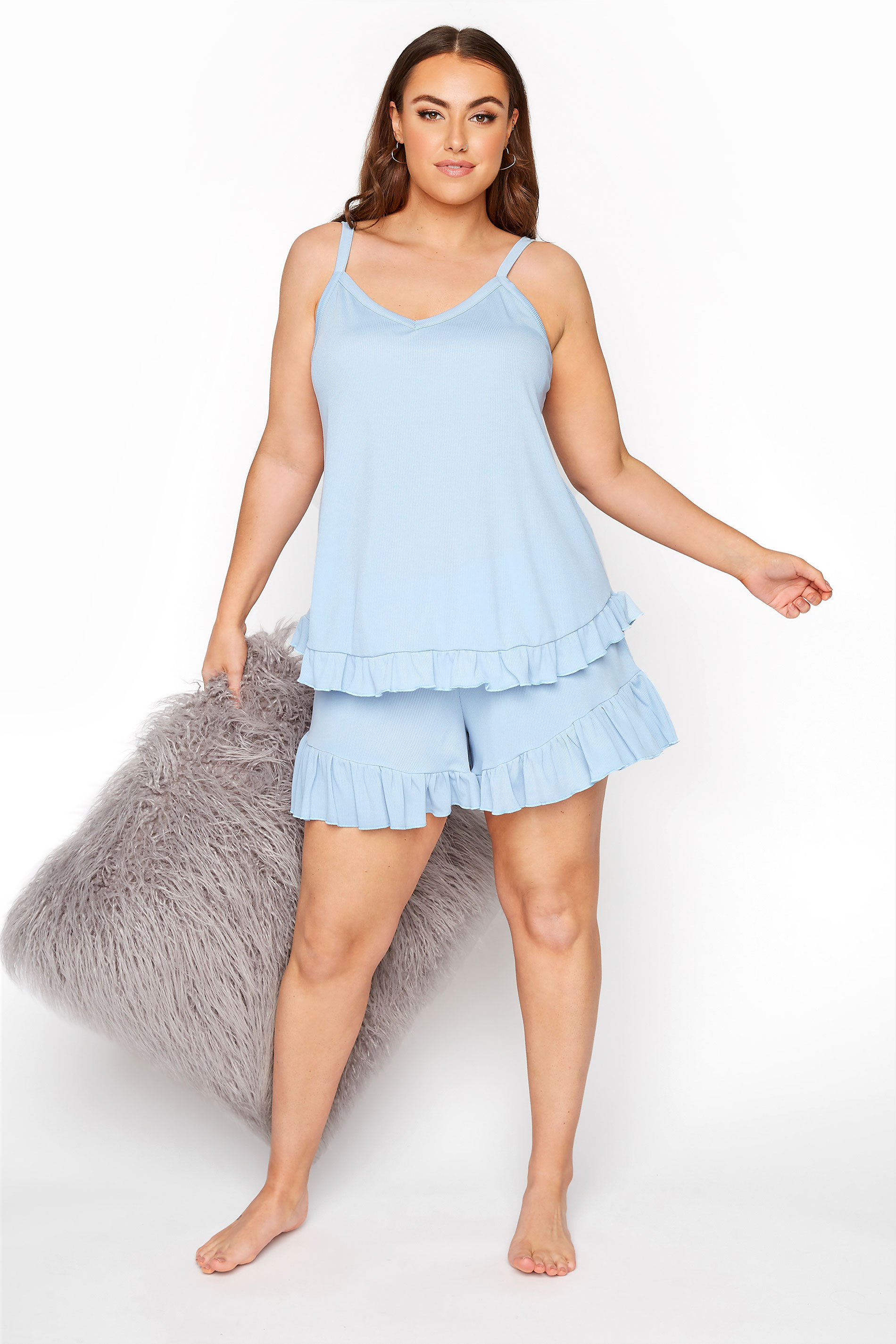 LIMITED COLLECTION Light Blue Frill Ribbed Pyjama Top | Yours Clothing  2