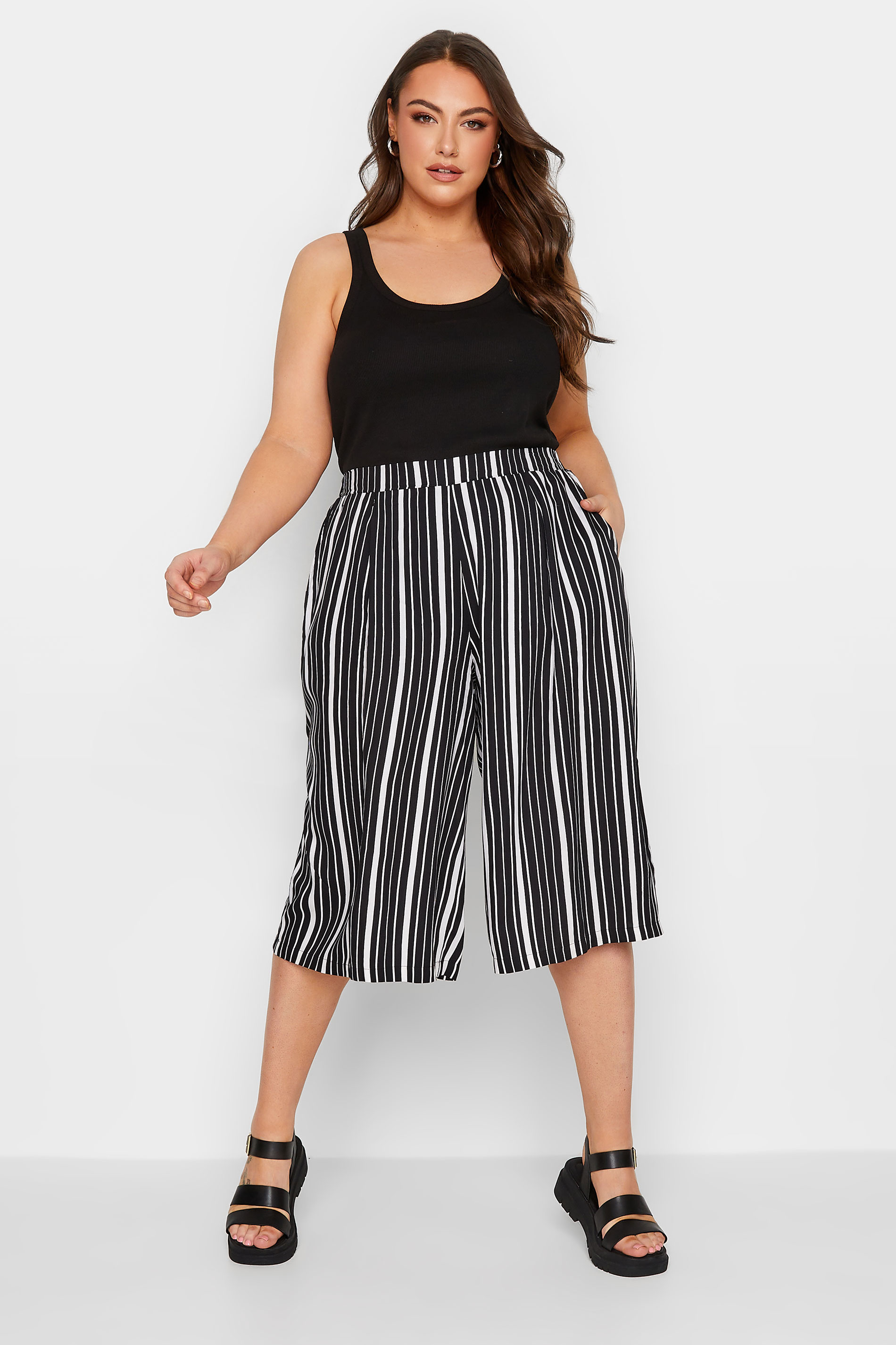 YOURS Curve Black Stripe Print Culottes | Yours Clothing 2