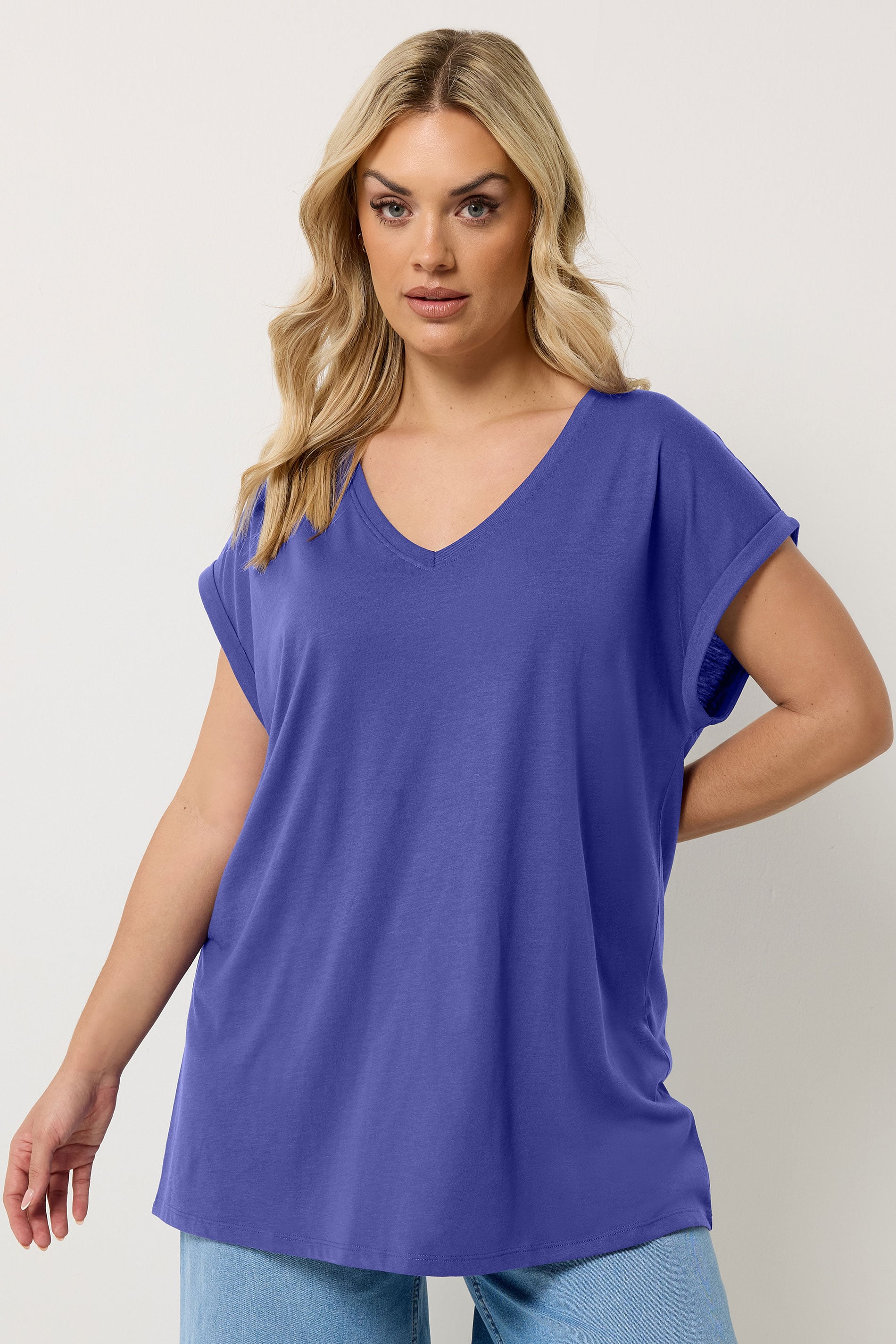 YOURS Plus Size  Purple V-Neck Basic T-Shirt | Yours Clothing 3