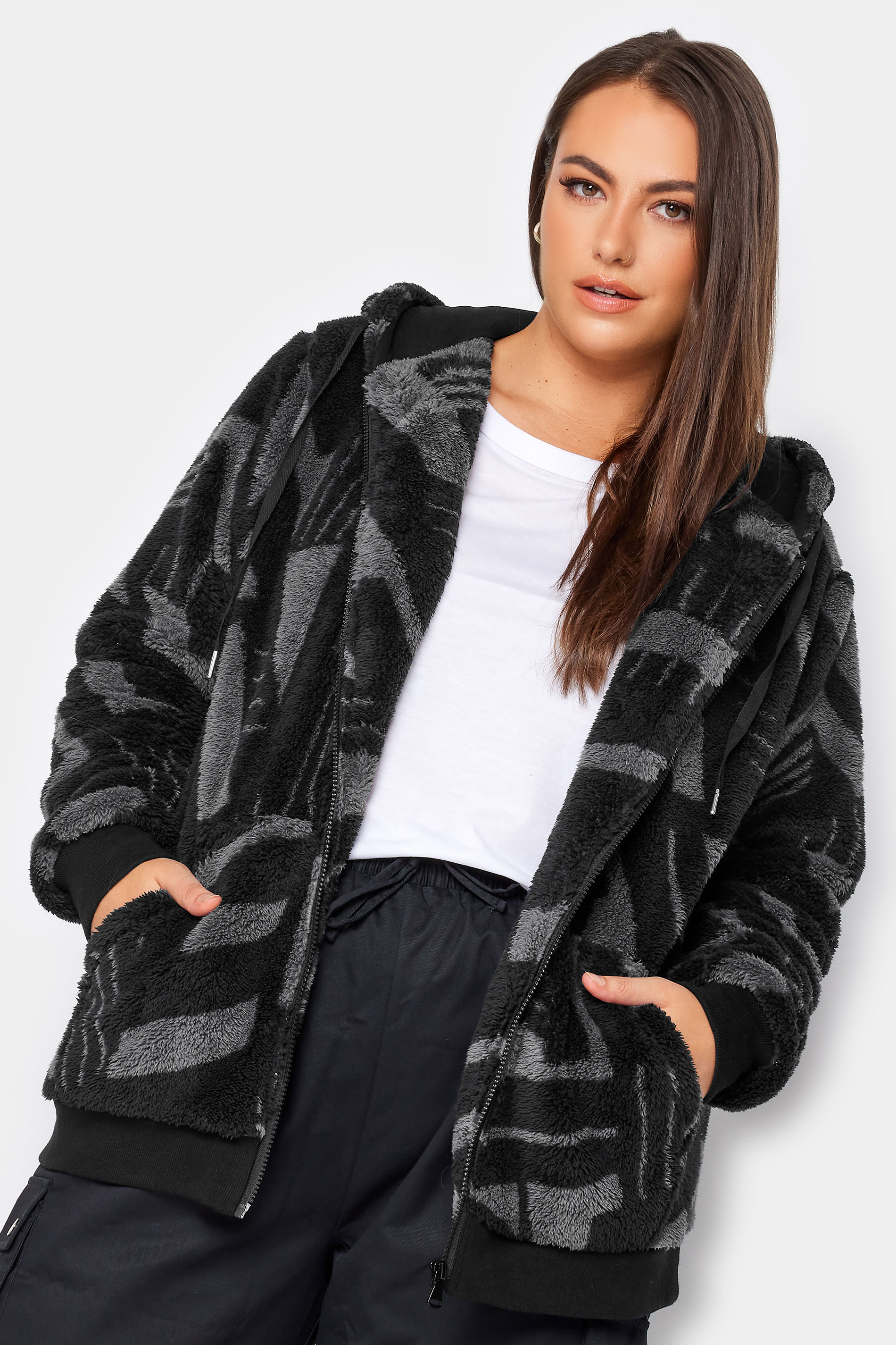 YOURS Plus Size Black Geometric Print Fleece Hoodie | Yours Clothing 1