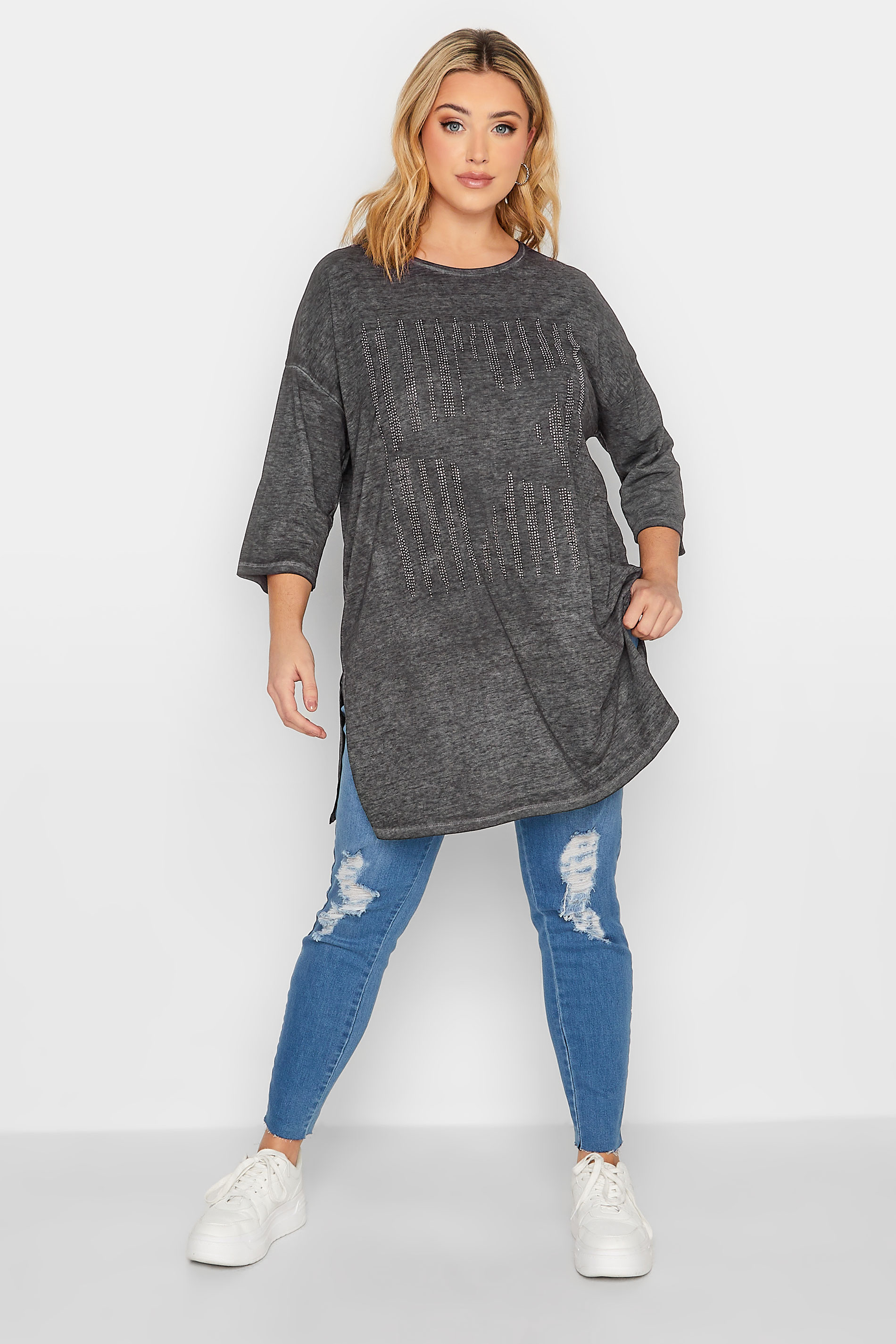 Plus Size Grey Marl Stud Star T-Shirt | Yours Clothing 2