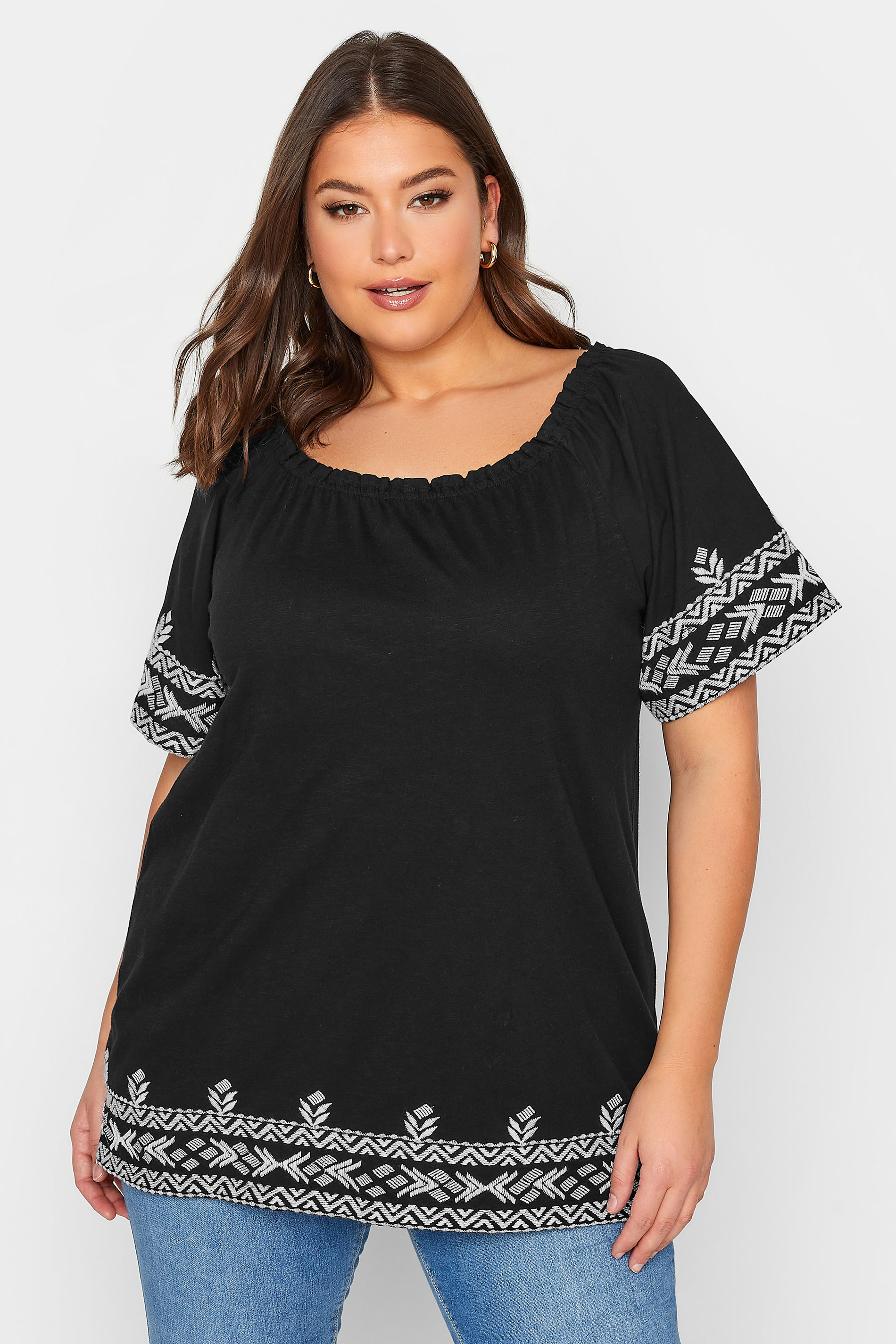 YOURS Plus Size Black Embroidered Hem Bardot Top | Yours Clothing 1