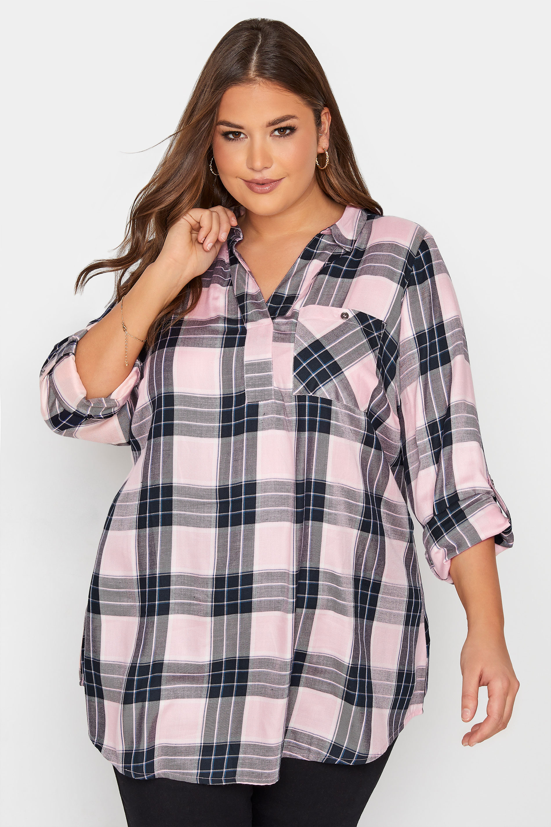 Plus Size Pink Overhead Check Shirt | Yours Clothing 1