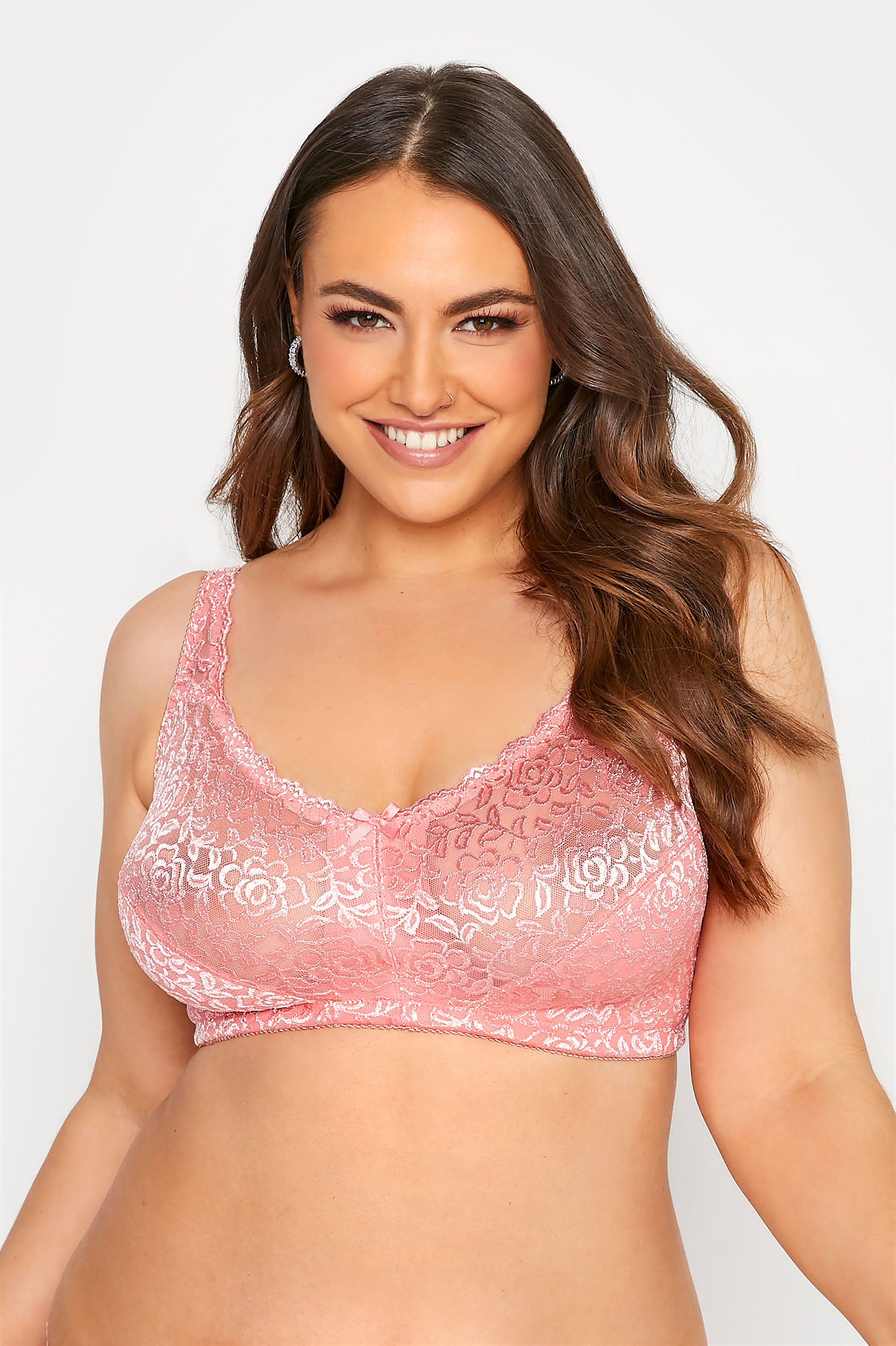 Plus Size Pink Hi Shine Lace Non-Padded Non-Wired Full Cup Bra | Yours Clothing  1