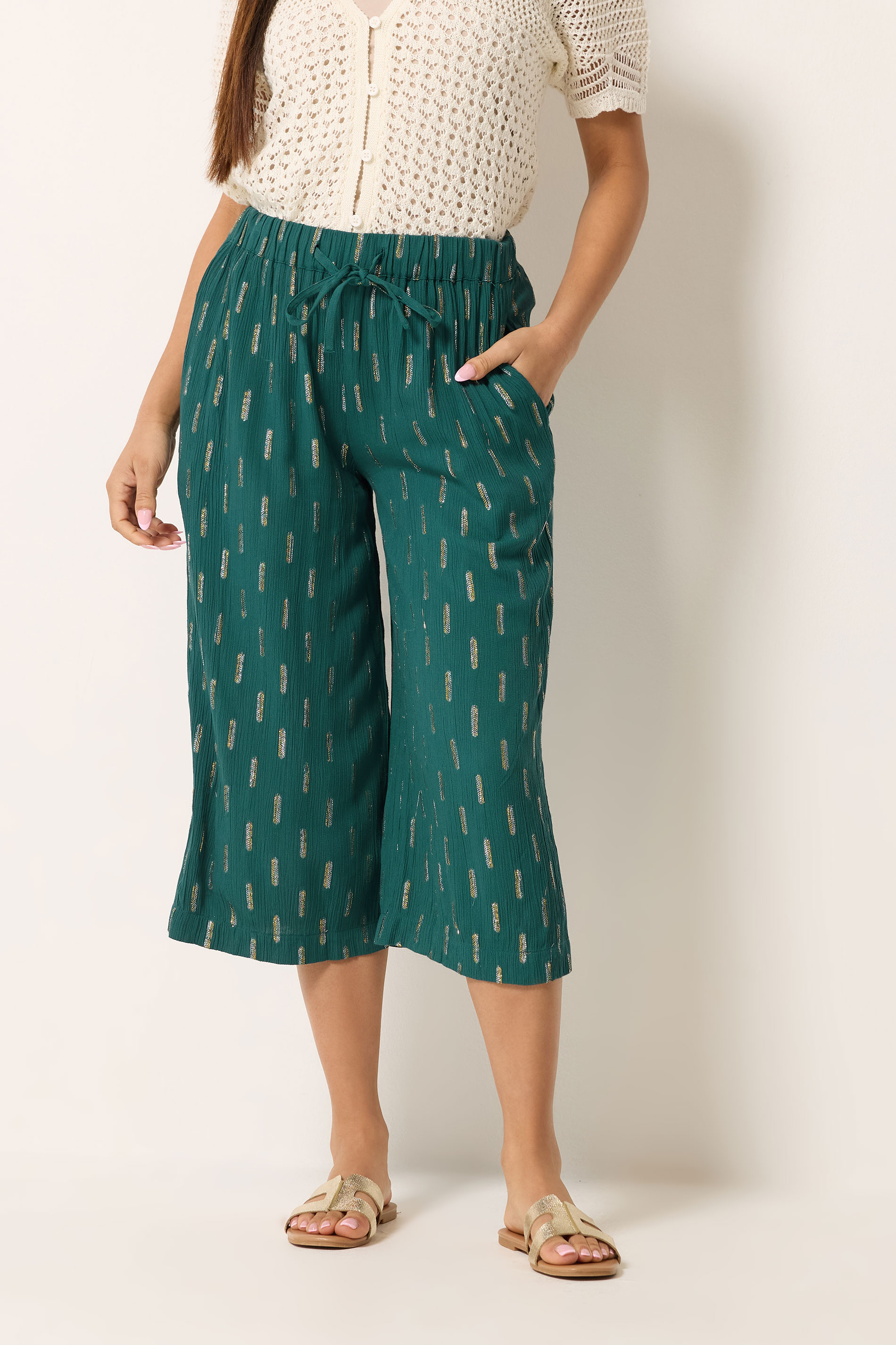M&Co Petite Teal Green Foil Detail Cropped Trousers | M&Co 1