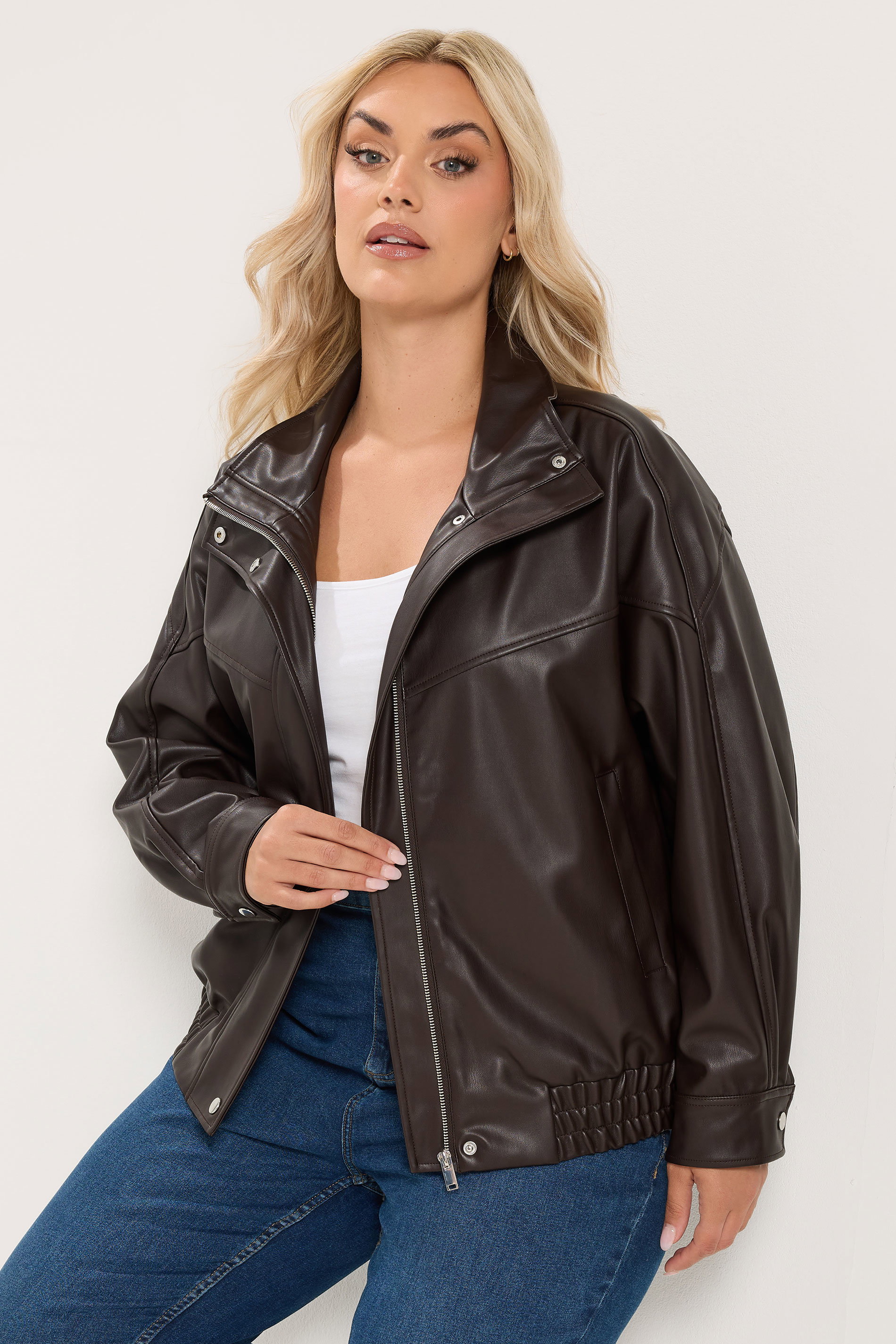 YOURS Plus Size Chocolate Brown Faux Leather Funnel Neck Jacket | Yours Clothing 3