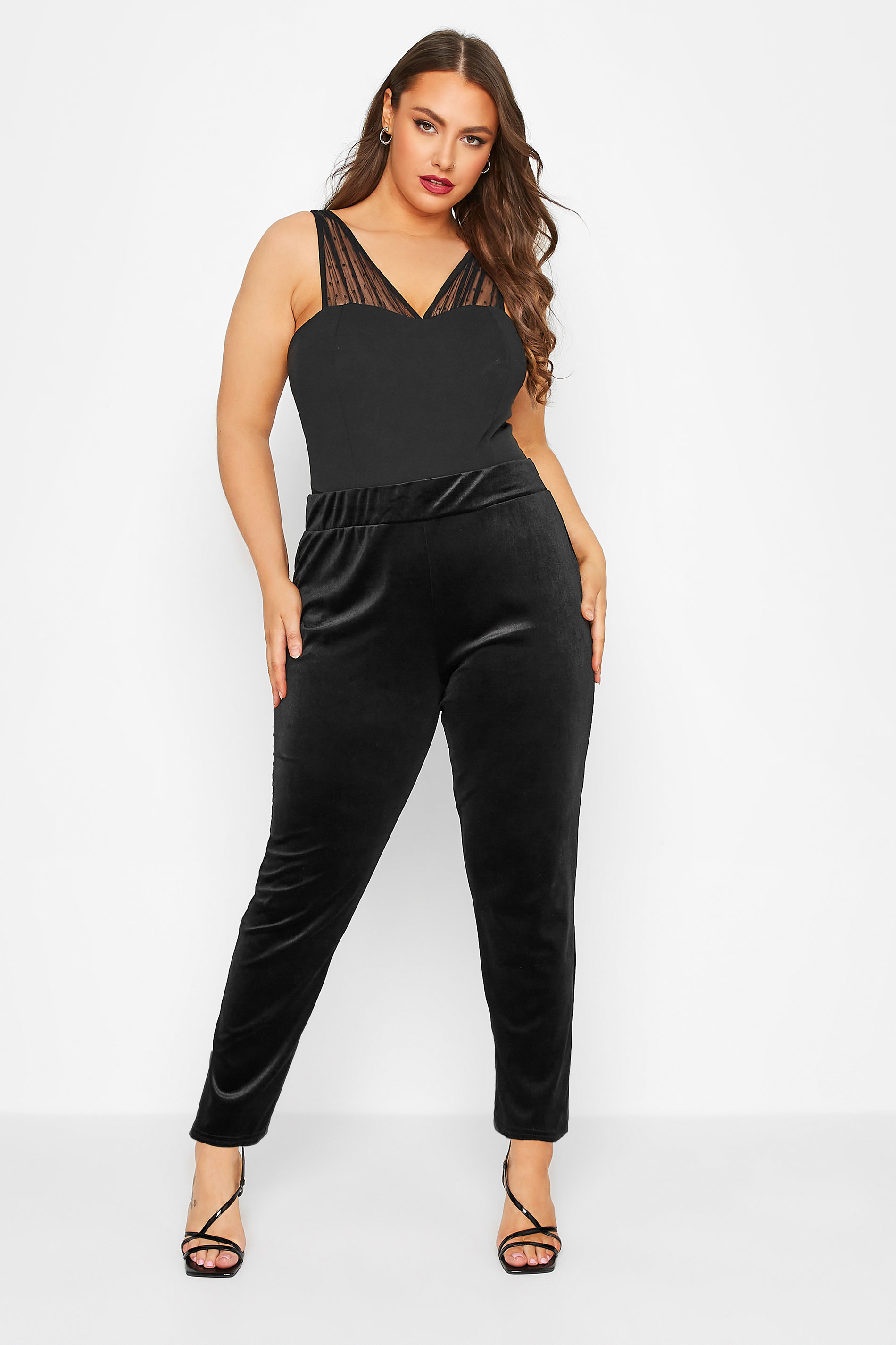 Plus Size Black Velvet Stretch Tapered Trousers | Yours Clothing 2