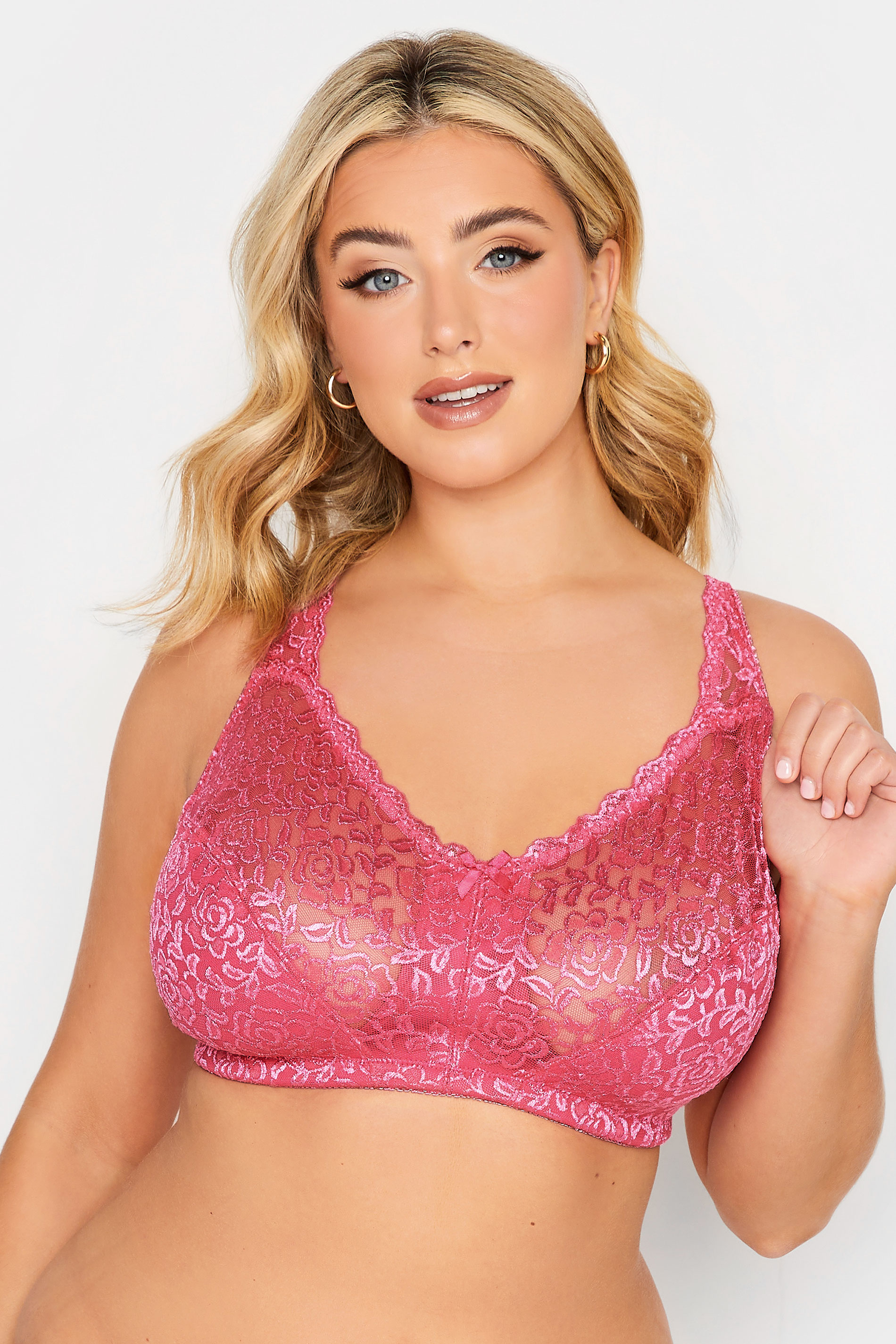 YOURS Plus Size Curve Hot Pink Hi Shine Lace Non-Padded Non-Wired Full Cup Bra | Yours Clothing  1