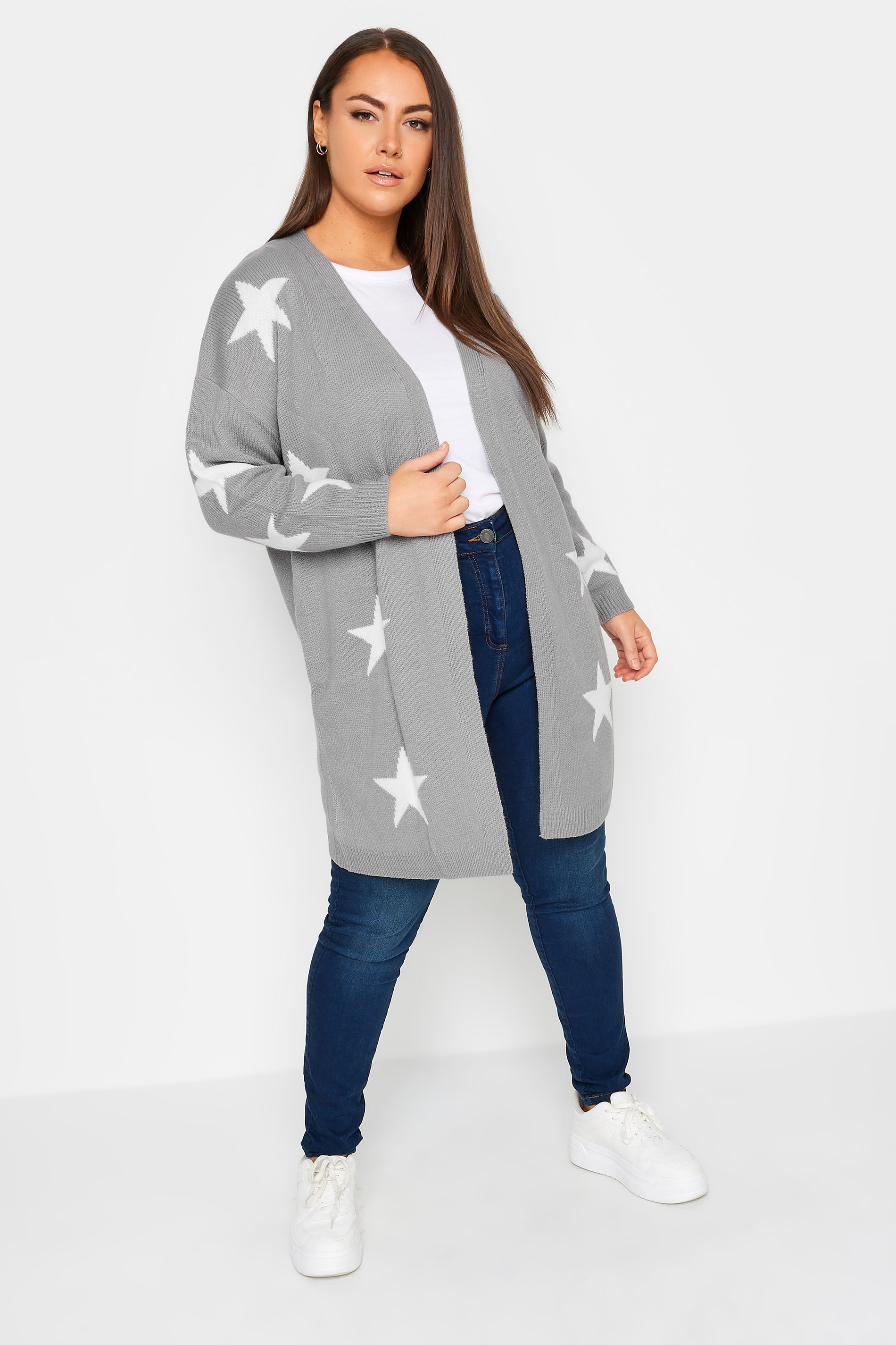 YOURS Plus Size Grey Star Print Longline Cardigan | Yours Clothing 2