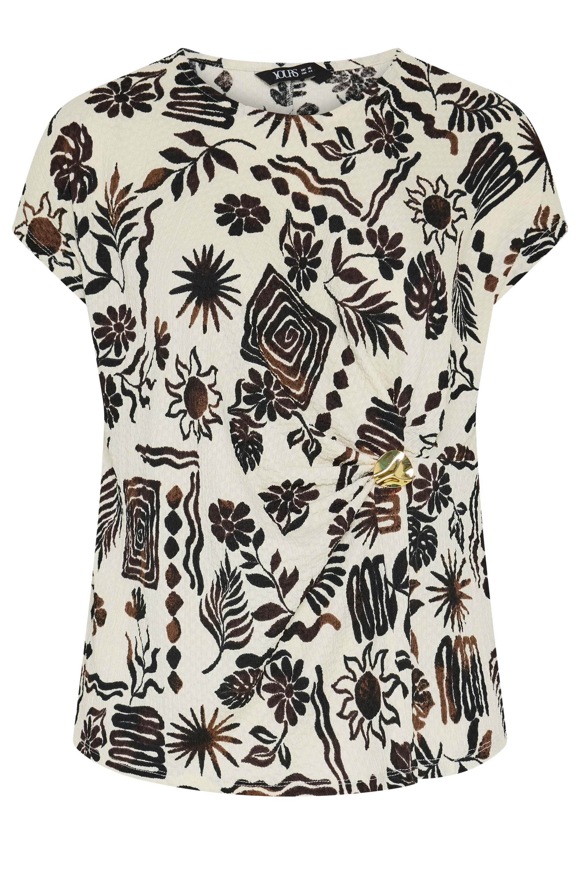 YOURS Plus Size Natural Brown Summer Print Crinkle Grown On Sleeve Top | Yours Clothing 5