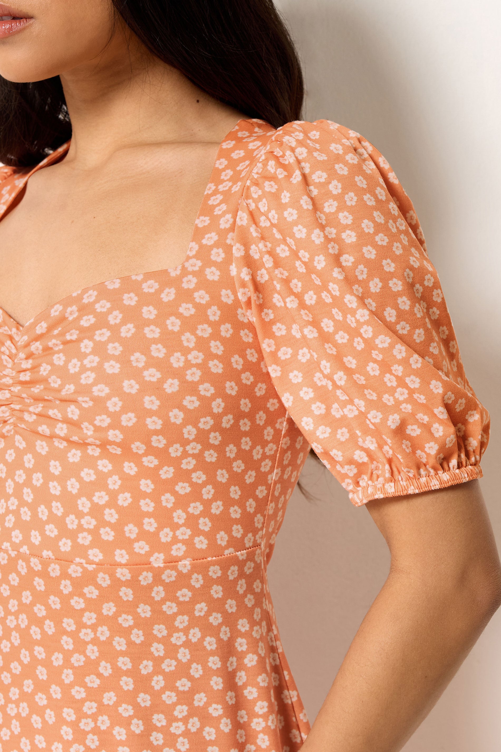 PixieGirl Petite Women's Orange Floral Ruched Midi Dress | PixieGirl 4