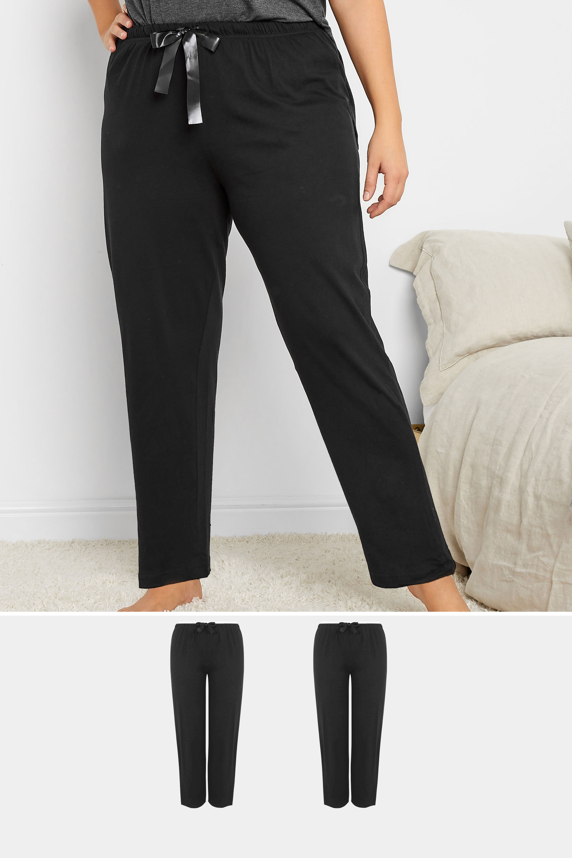 2 PACK Plus Size Black Wide Leg Pyjama Bottoms | Yours Clothing 1