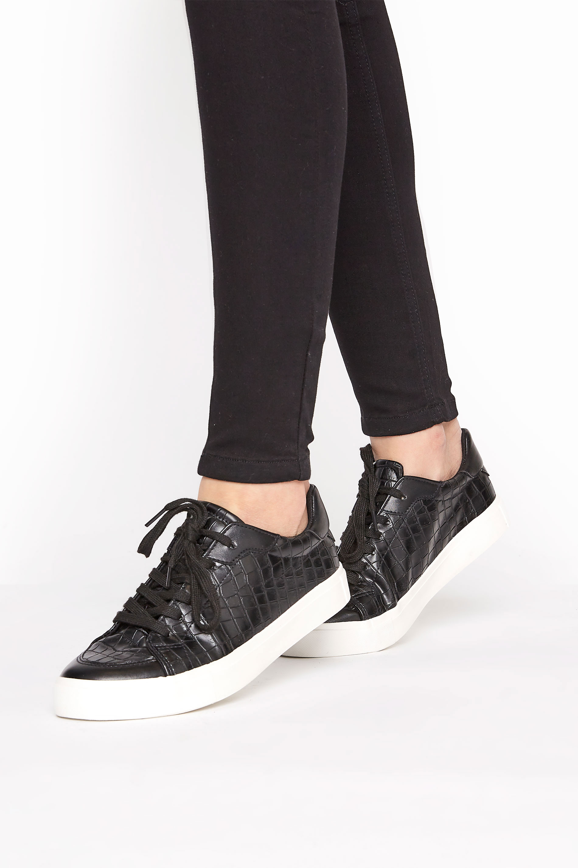 LTS Black Croc Lace Up Trainers In Standard D Fit | Long Tall Sally  1