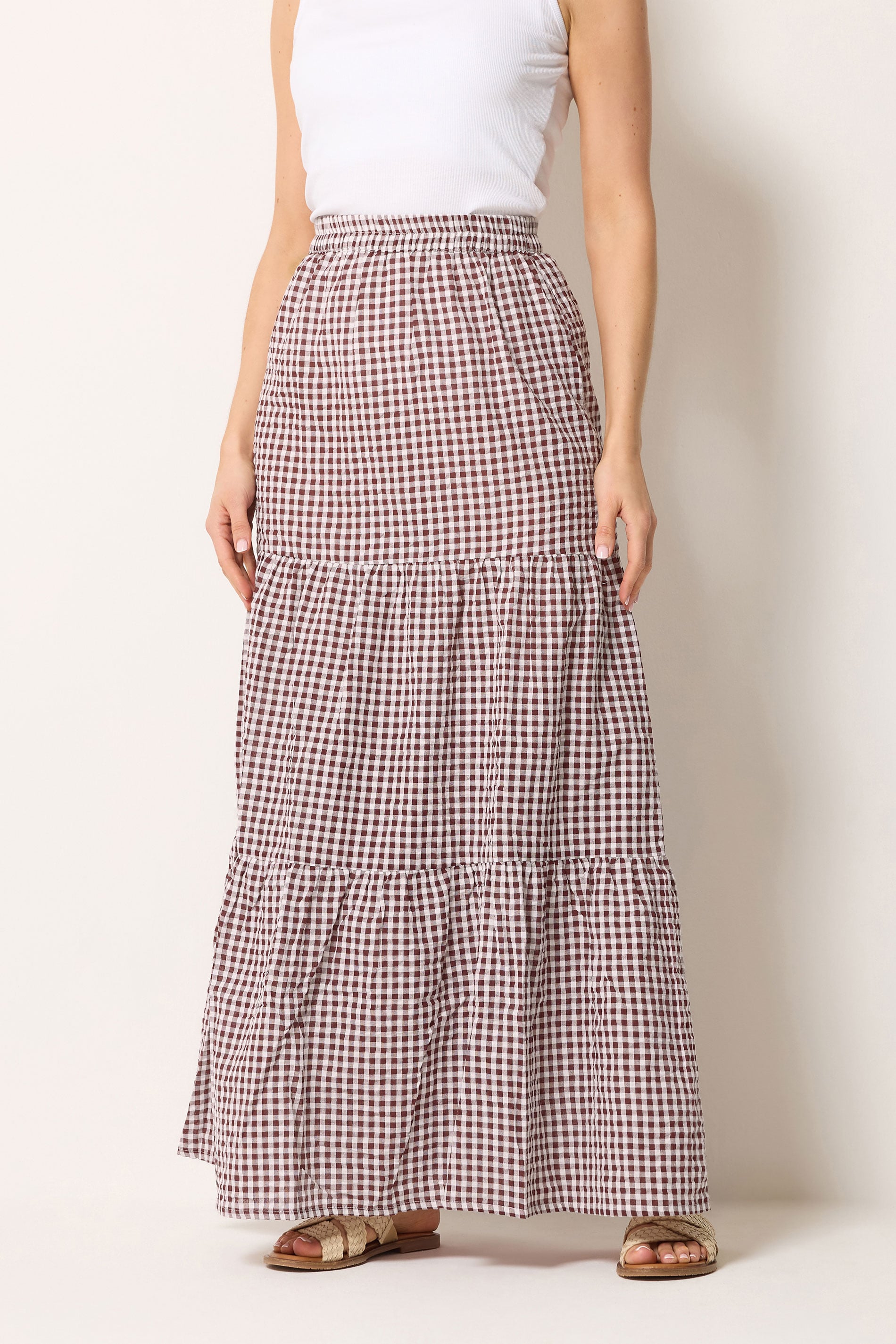 LTS Tall Women's Burgundy Red & White Gingham Cotton Maxi Skirt | Long Tall Sally 1