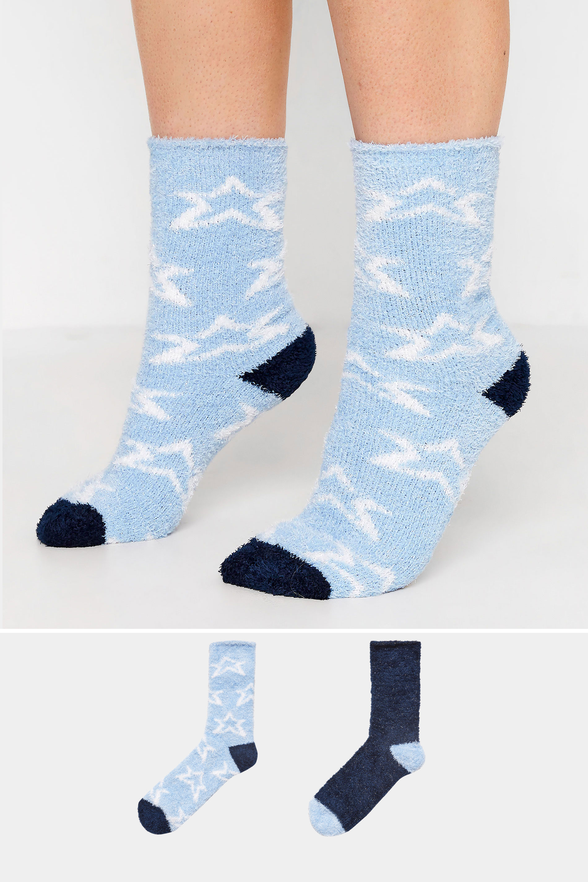 Plus Size 2 PACK Blue Metallic Star Print Fluffy Ankle Socks | Yours Clothing 1