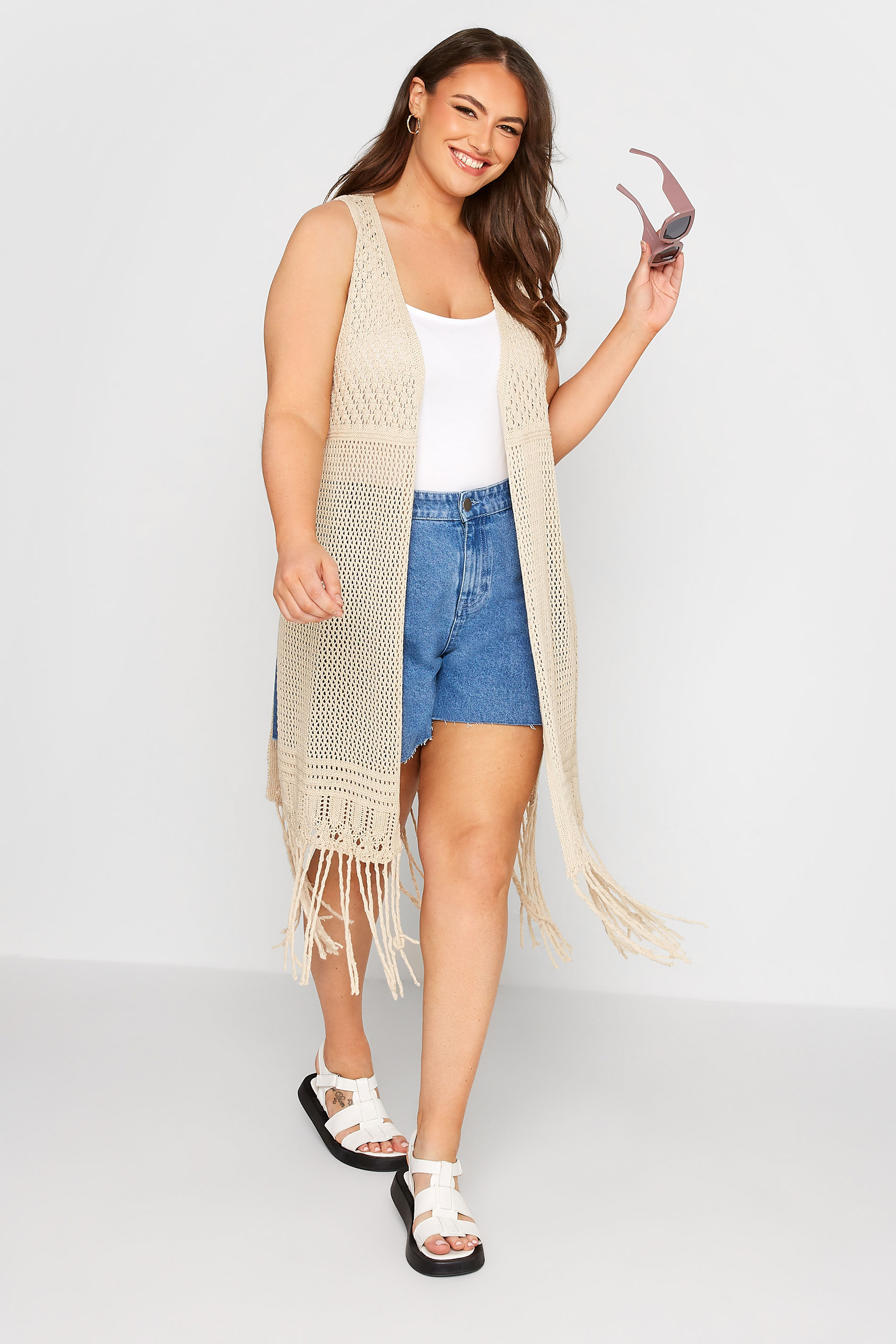 Plus Size Natural Brown Crochet Sleeveless Maxi Cardigan | Yours Clothing  1