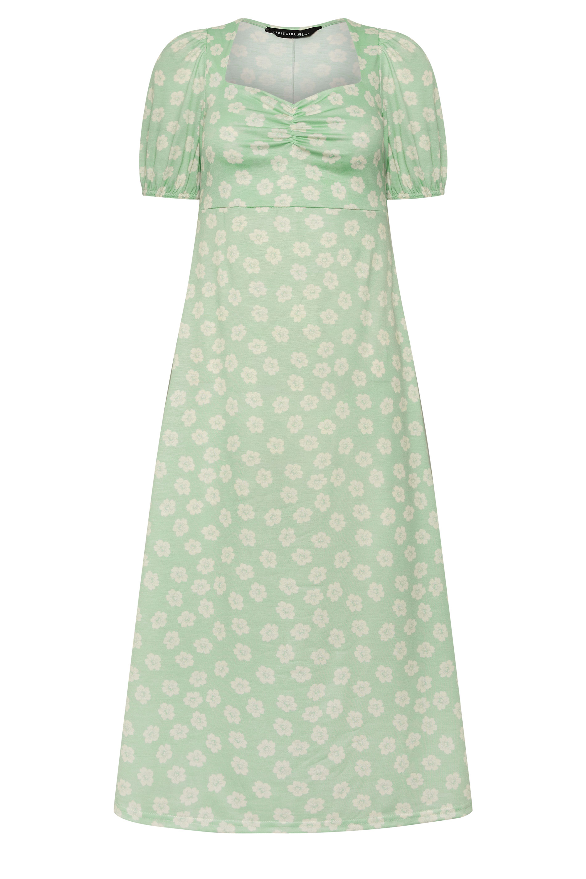 PixieGirl Petite Women's Sage Green Floral Ruched Midi Dress | PixieGirl 5