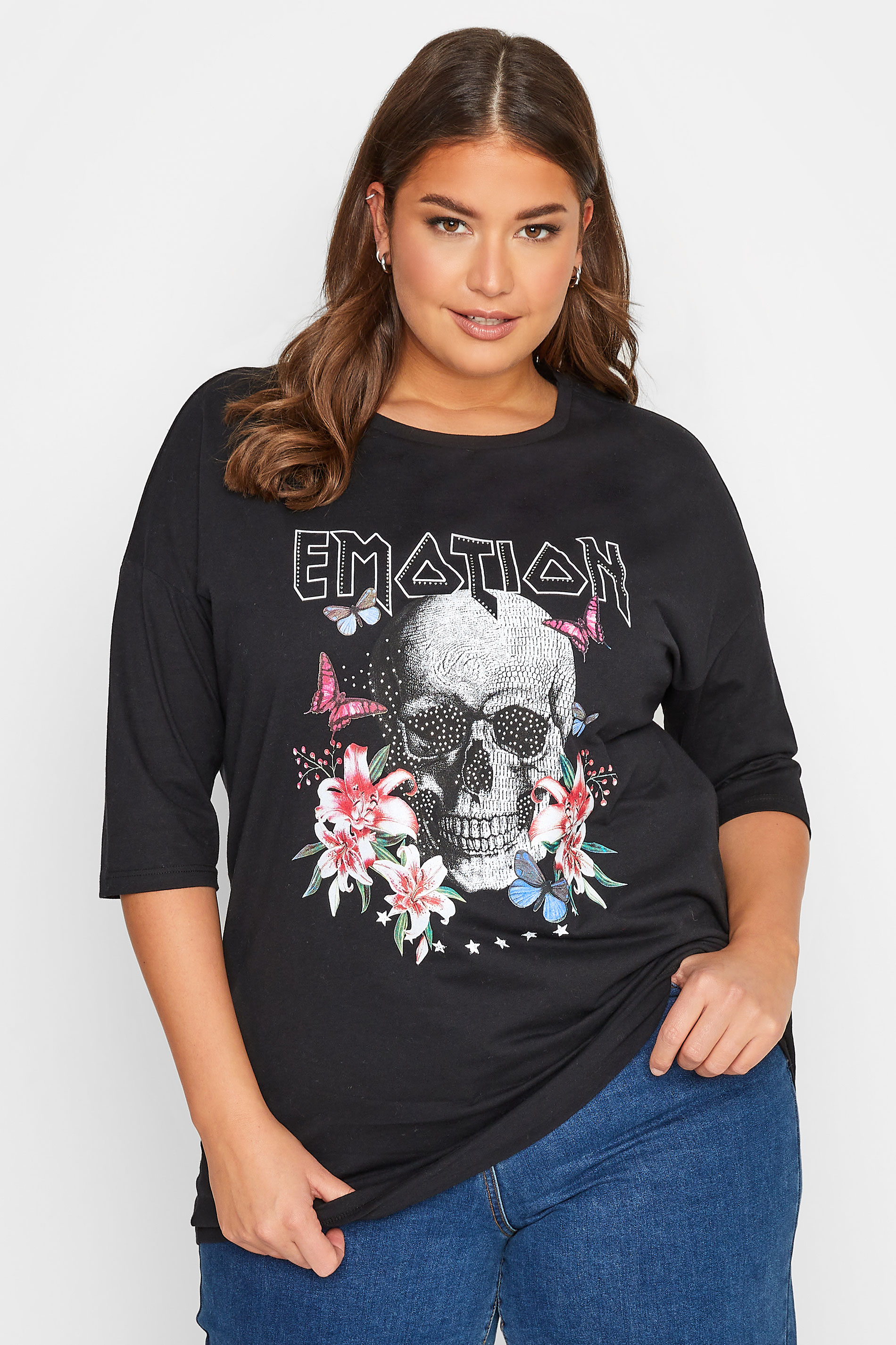 Plus Size Black 'Emotion' Skull Graphic Printed T-Shirt | Yours Clothing 1