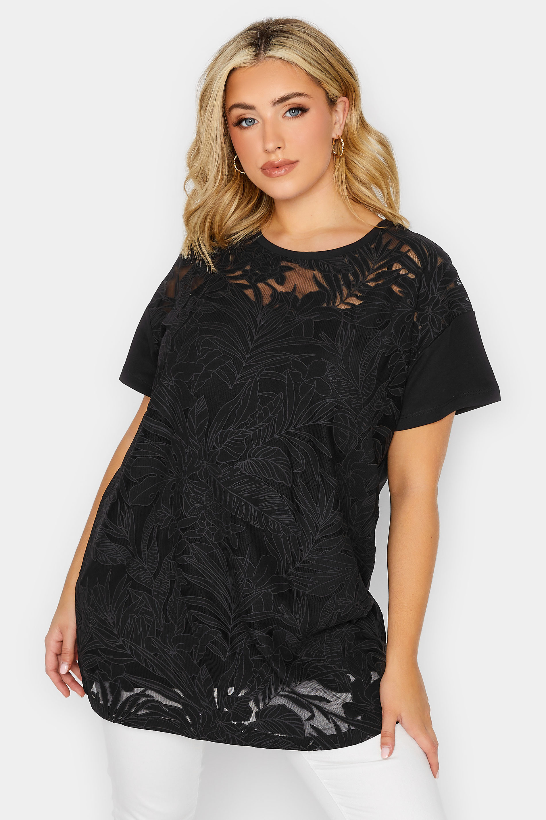 YOURS Plus Size Black Floral Mesh Panel T-Shirt | Yours Clothing 1