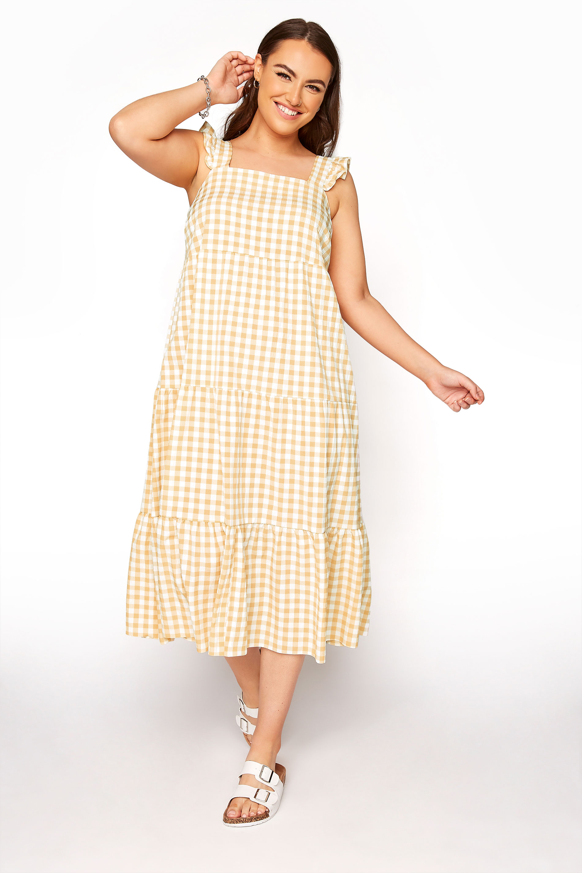 YOURS LONDON Curve Yellow Gingham Frill Dress_A.jpg