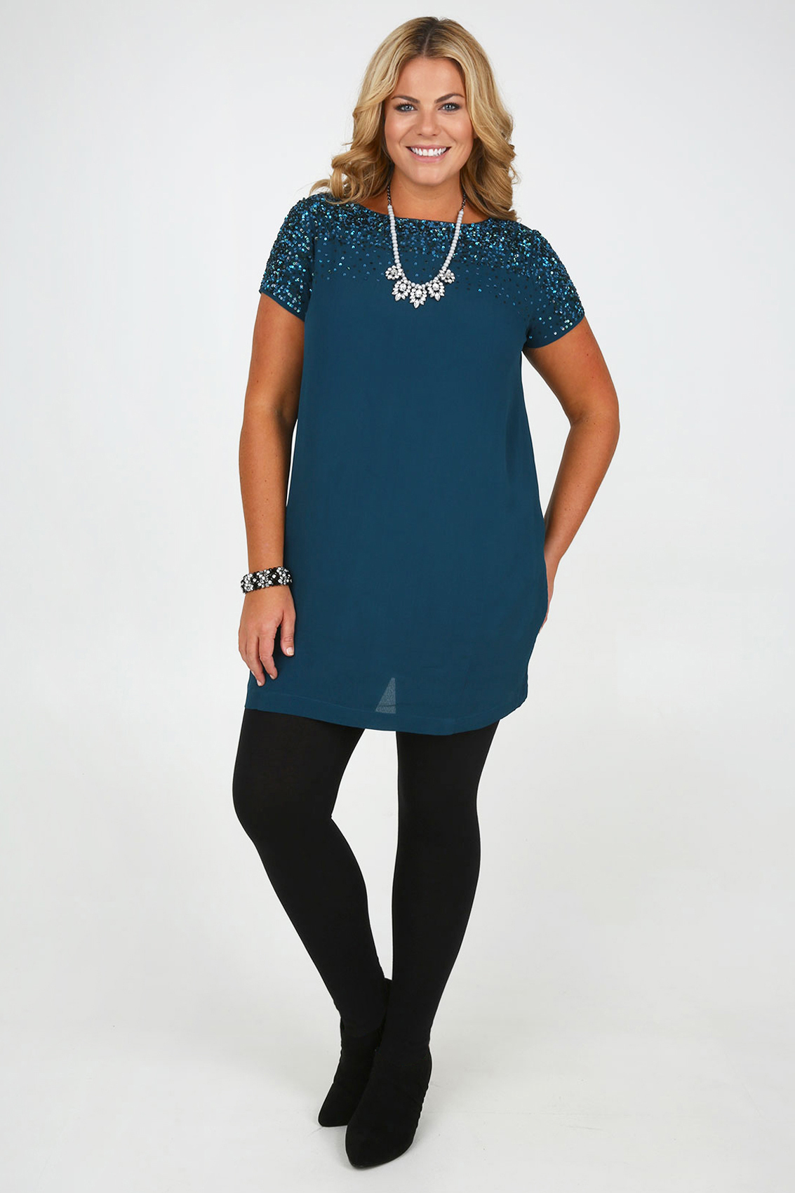 Teal Crepe Tunic Dress With Sequin Embellishment plus Size 16 to 32 1