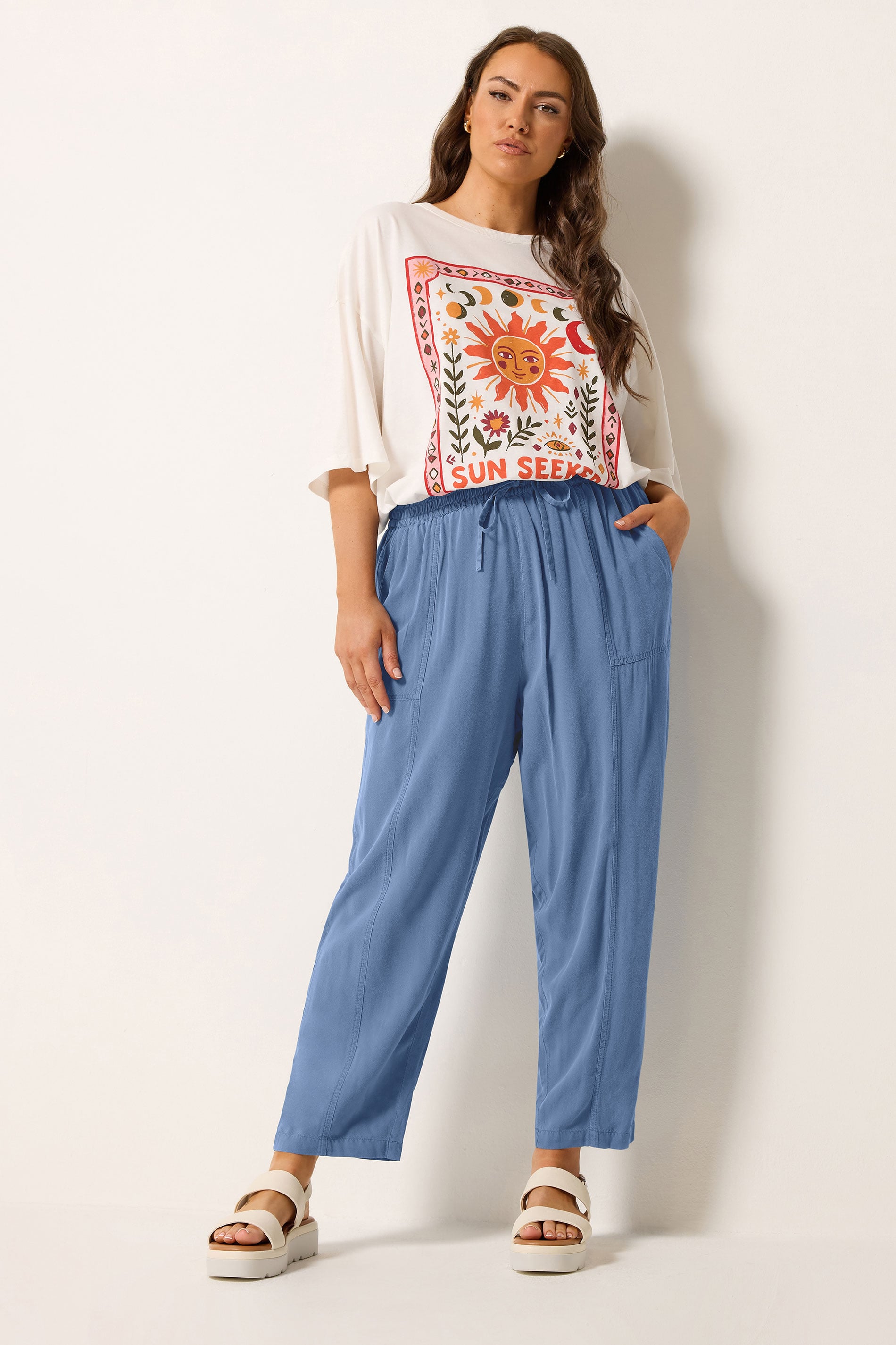 YOURS Plus Size Blue Chambray Barrel Trousers | Yours Clothing 1