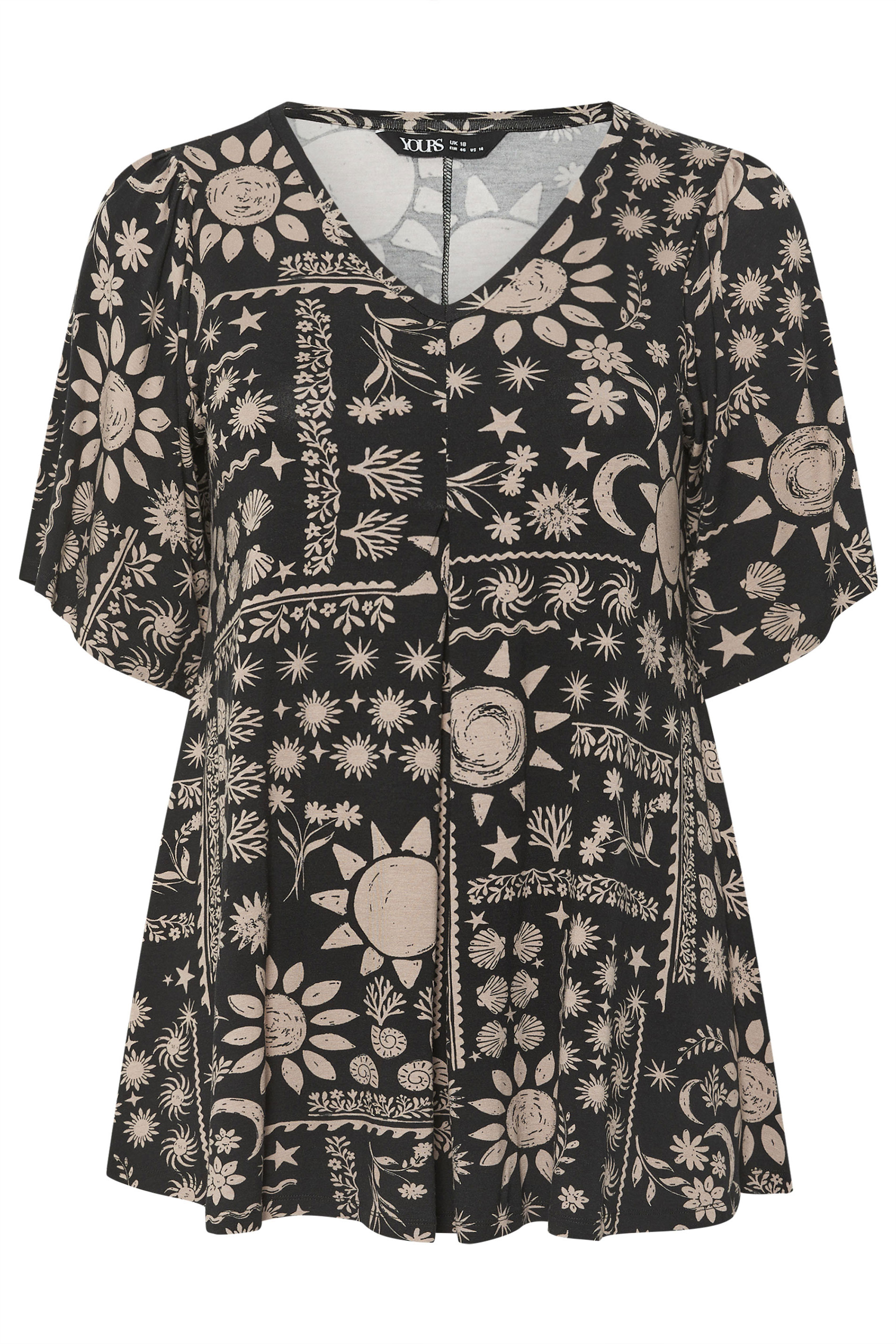 YOURS Plus Size Black Mixed Summer Print Pleat Front Angel Sleeve Top 5