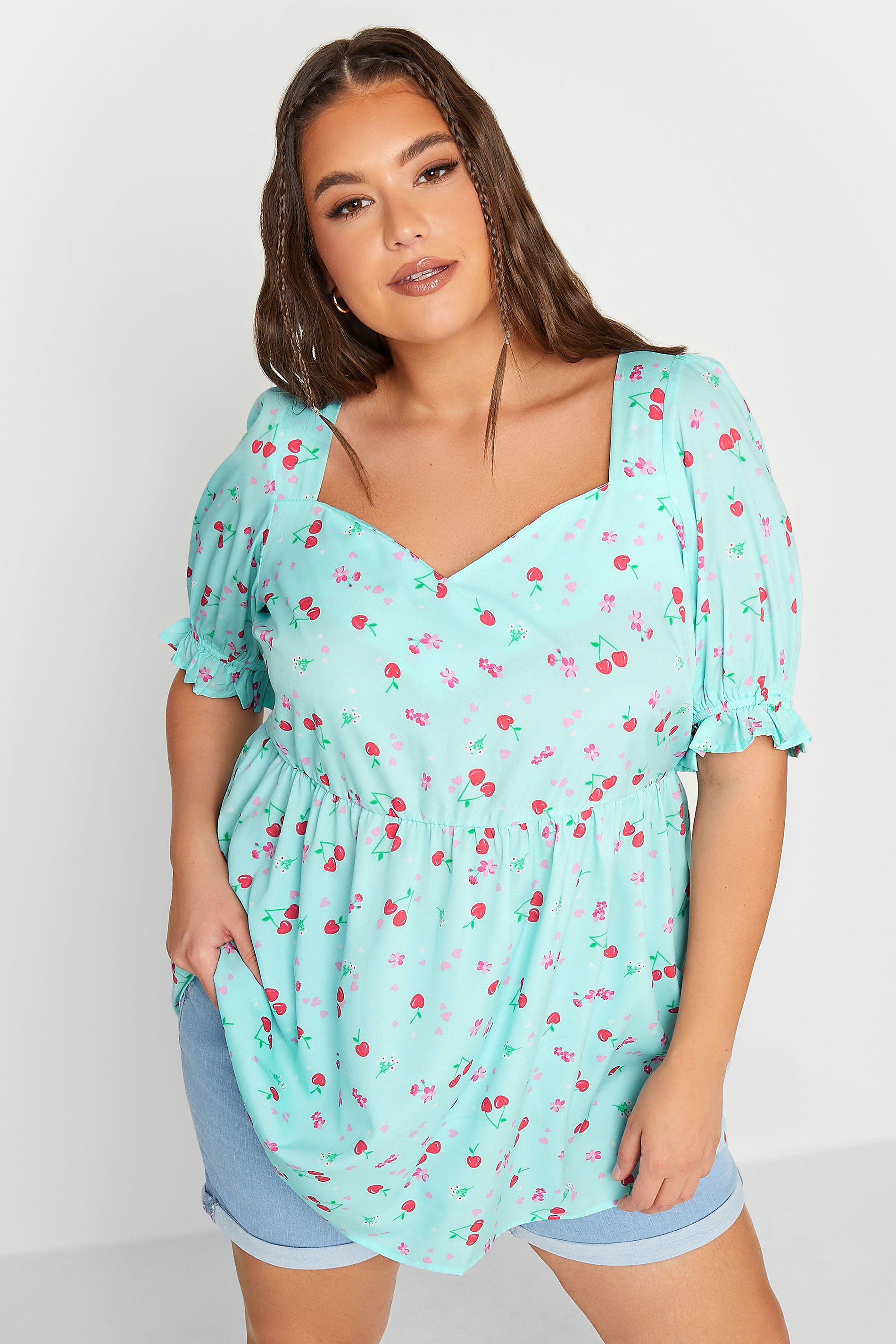YOURS Plus Size Curve Blue Cherry Print Peplum Top | Yours Clothing  1