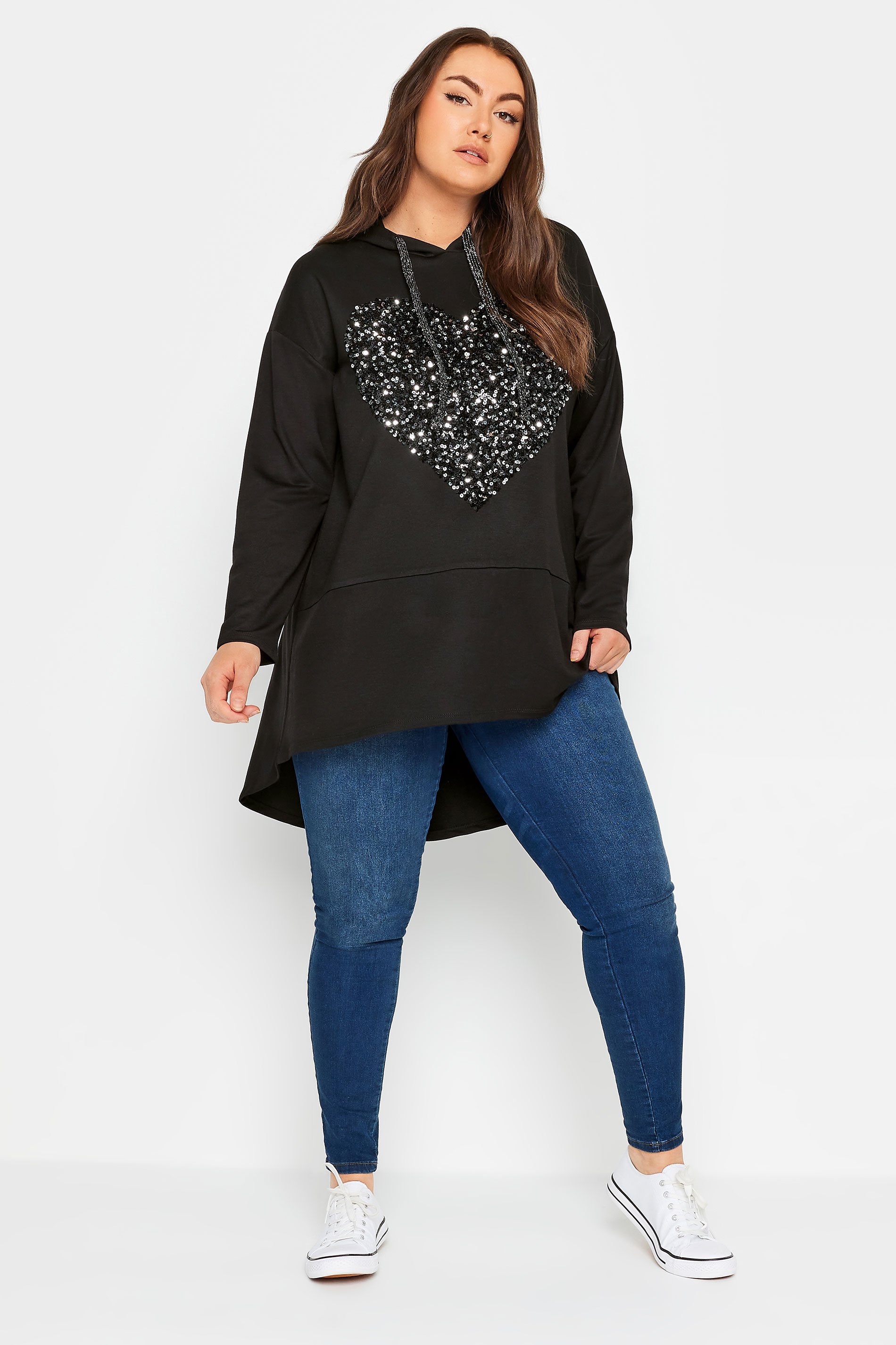 YOURS Plus Size Black Sequin Embellished Heart Longline Hoodie | Yours ...