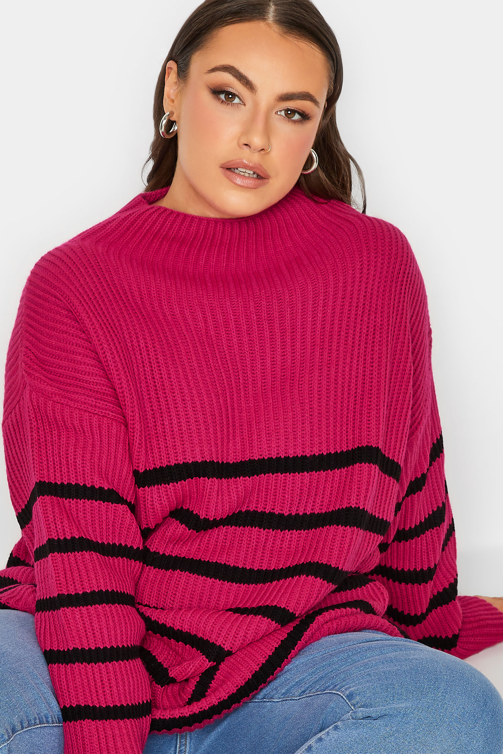 YOURS LUXURY Plus Size Hot Pink Stripe High Neck Jumper | Yours Clothing 2