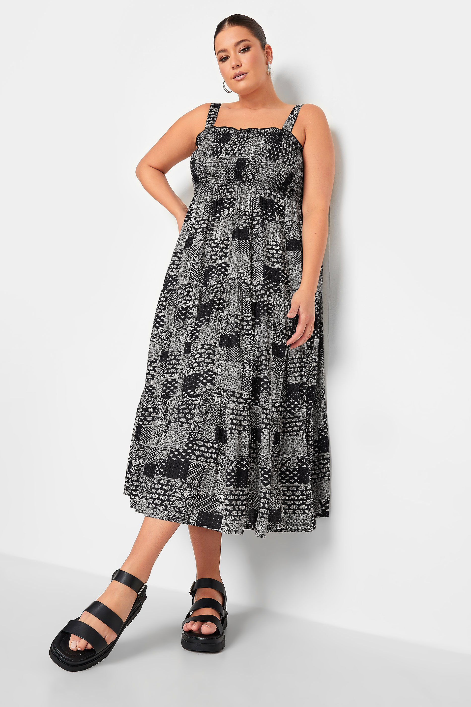 YOURS Plus Size Black Patchwork Print Shirred Strappy Sundress | Yours Clothing  1