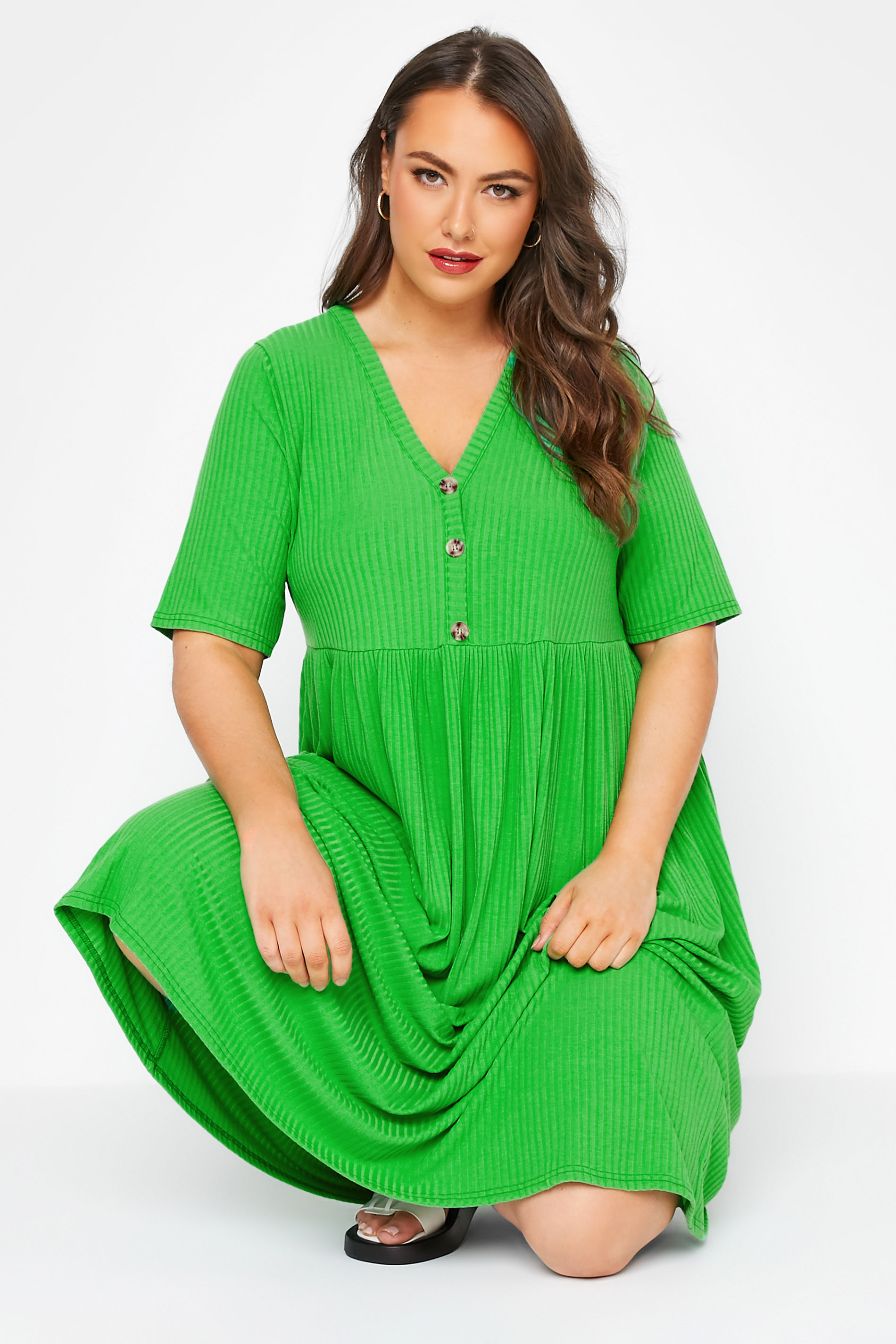 LIMITED COLLECTION Curve Bright Green Ribbed Peplum Midi Dress_A.jpg