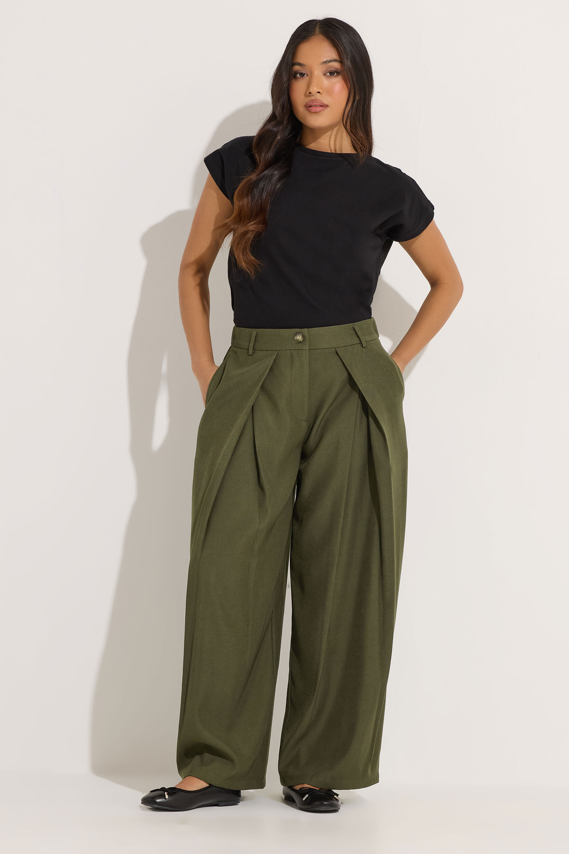 PixieGirl Petite Women's Olive Green Wrap Pleated Wide Leg Trousers | PixieGirl 3