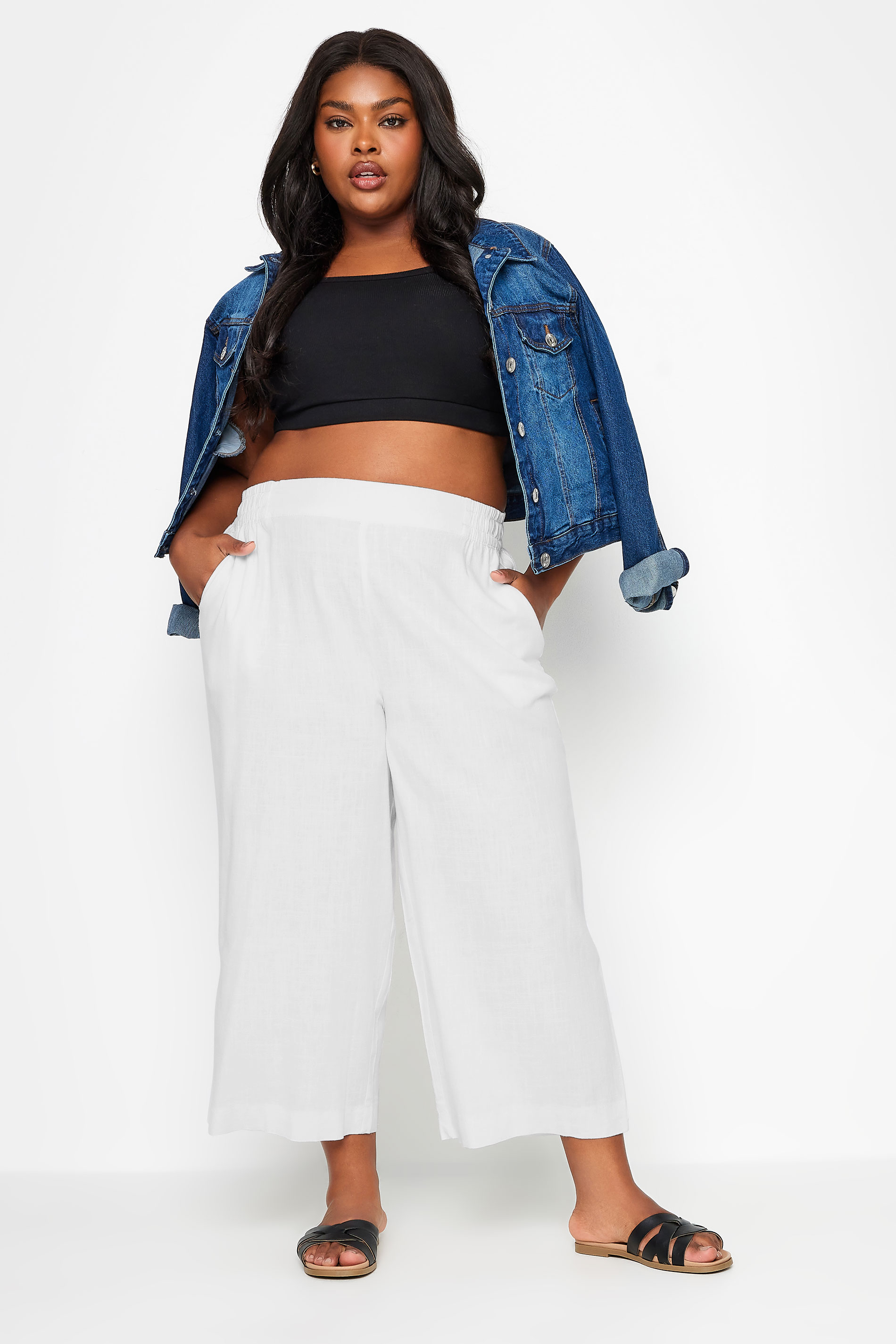YOURS Plus Size White Wide Leg Cropped Linen Trousers | Yours Clothing 3