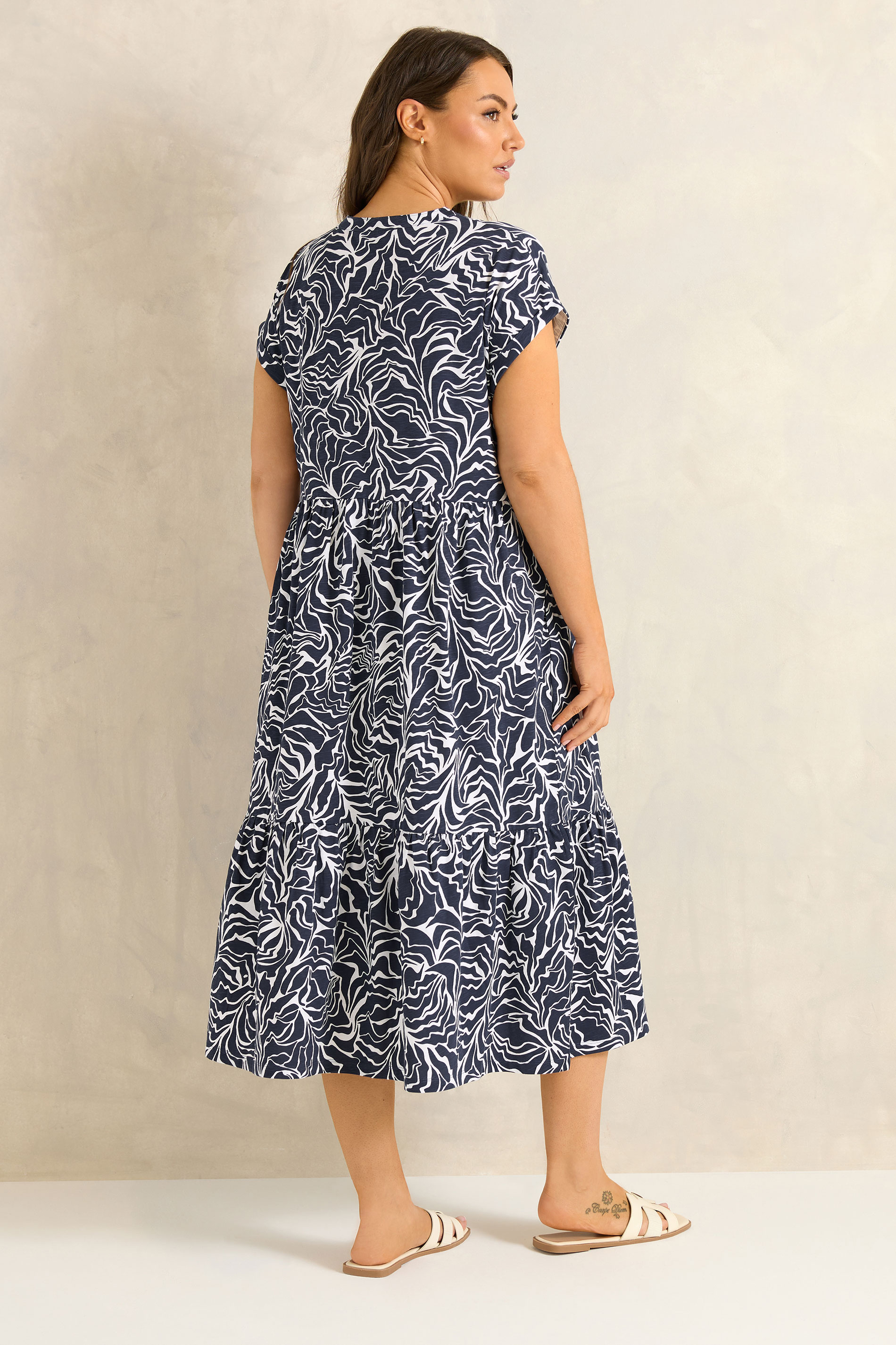 EVANS Plus Size Navy Blue Abstract Print Notch Neck Cotton Midi Dress | Evans 2