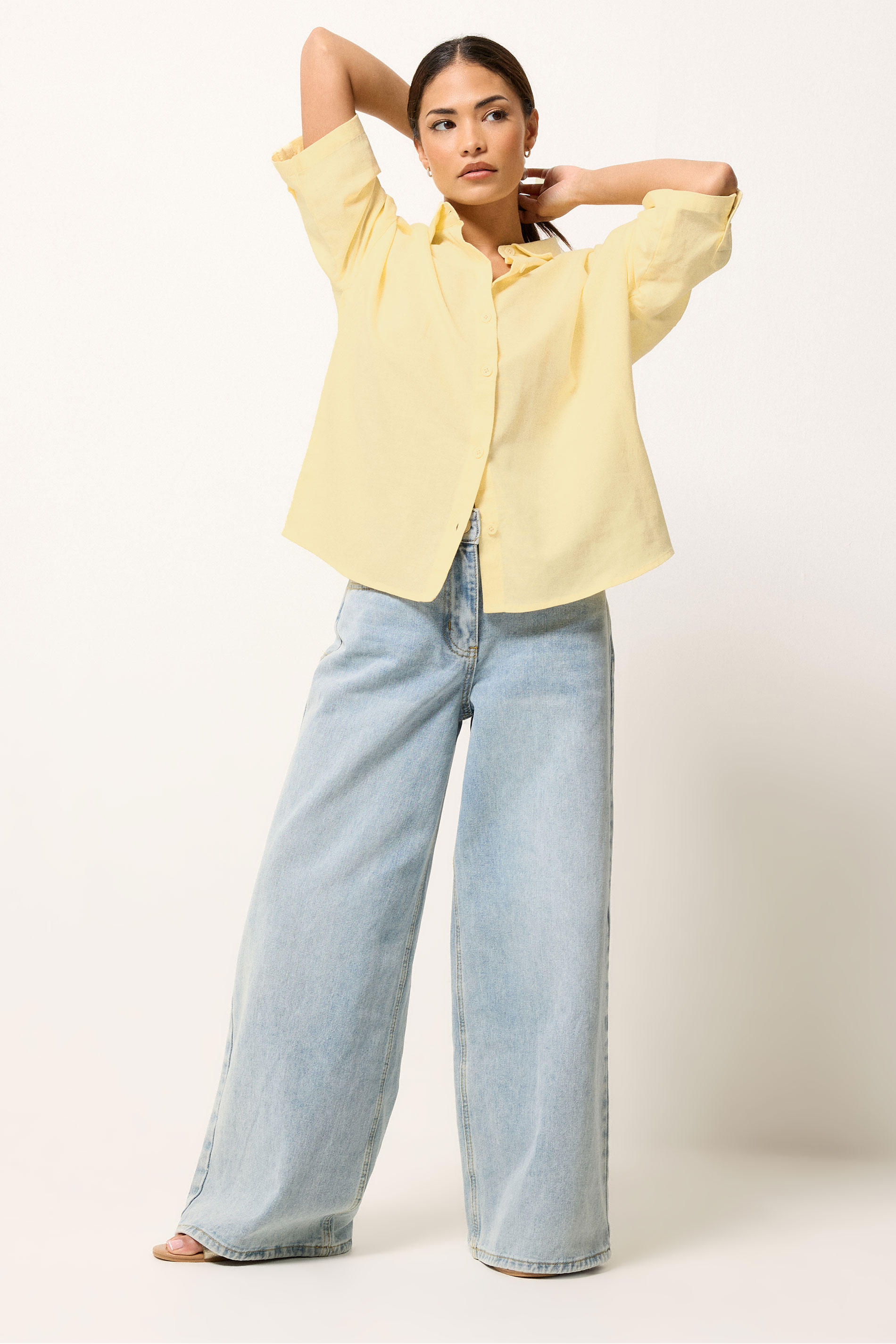 PixieGirl Petite Women's Yellow Short Sleeve Linen Shirt | PixieGirl 1