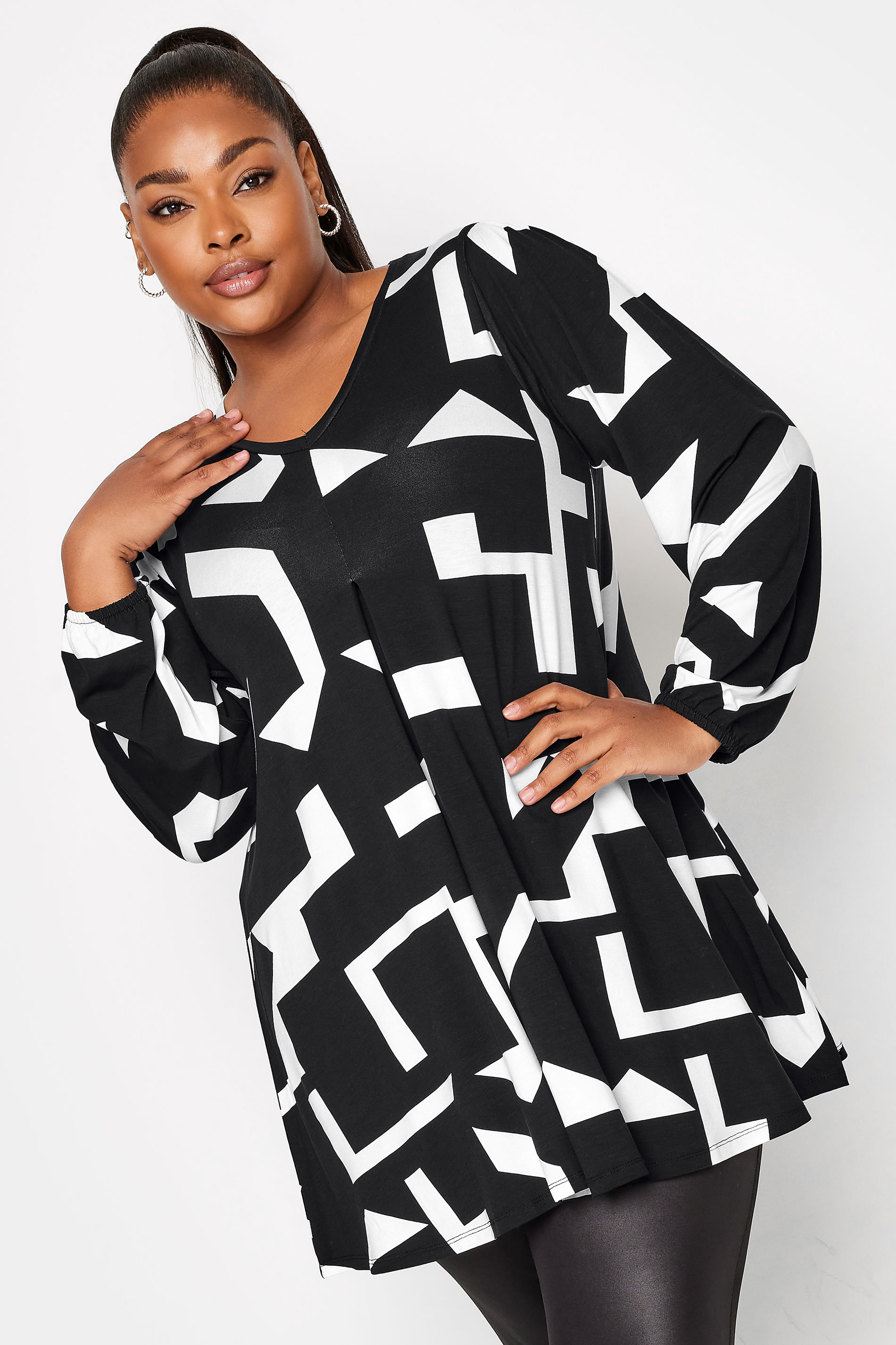 YOURS Plus Size Black Abstract Print Pleat Front Top | Yours Clothing 1