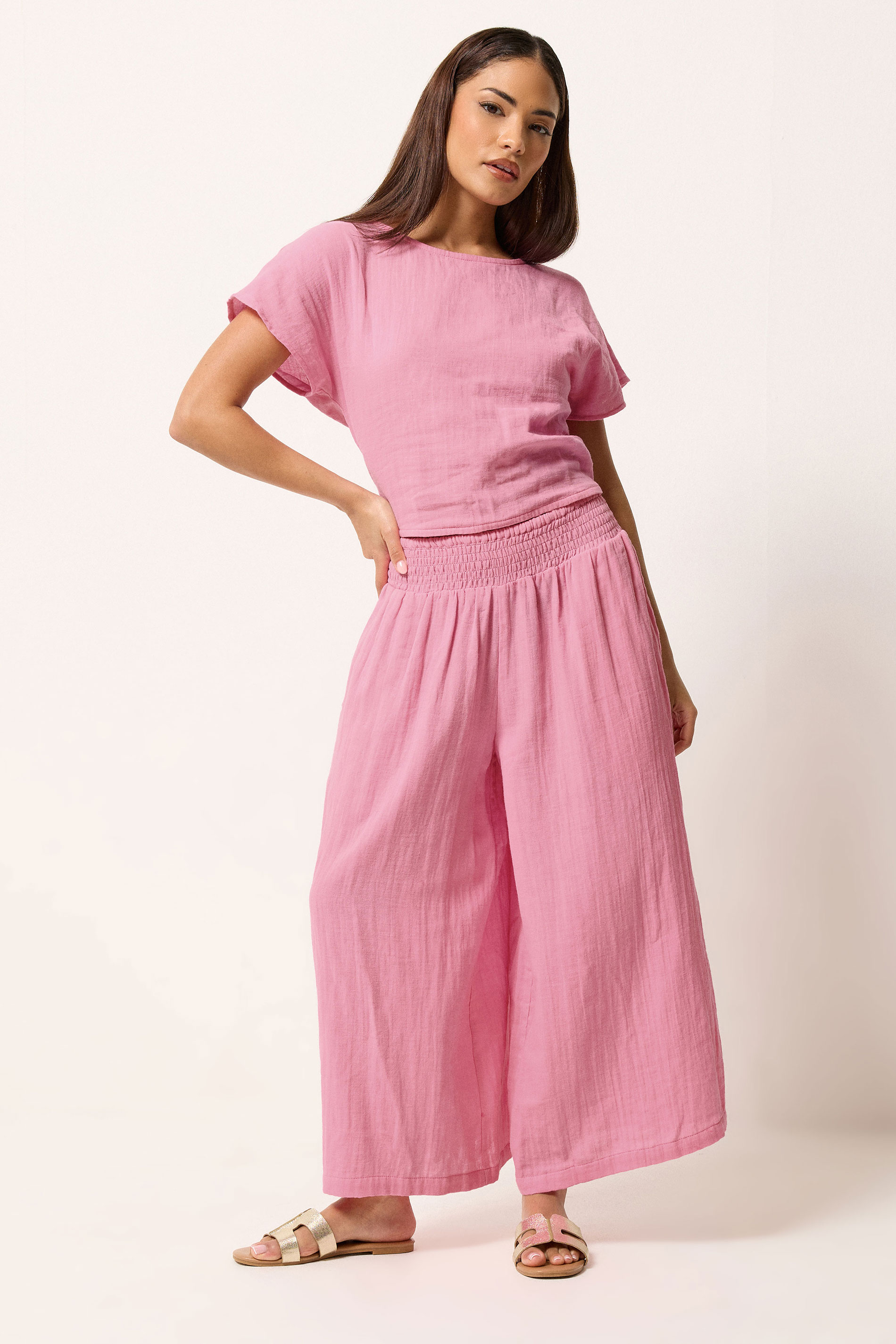 PixieGirl Petite Women's Set Pink Cotton Cheesecloth Top & Cropped Trousers | PixieGirl 1