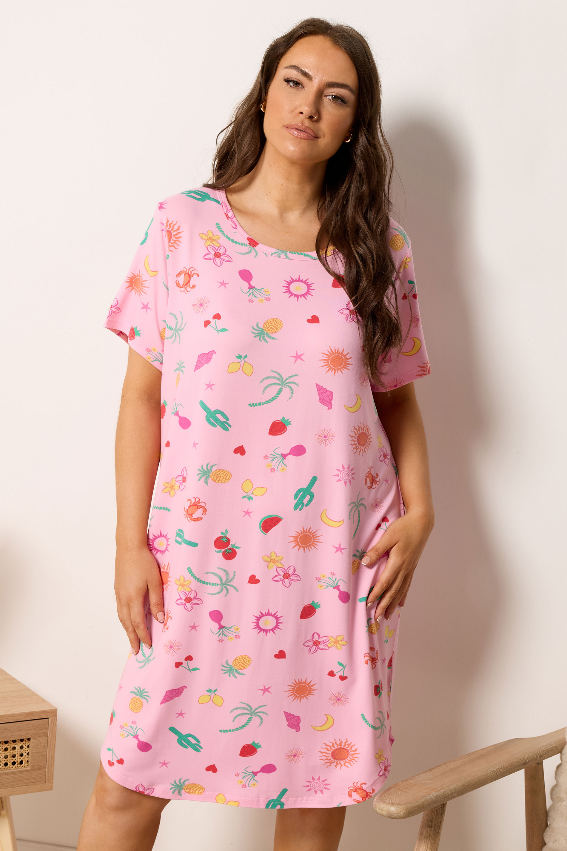 YOURS Plus Size Pink Summer Print Soft Touch Nightdress | Yours Clothing 1