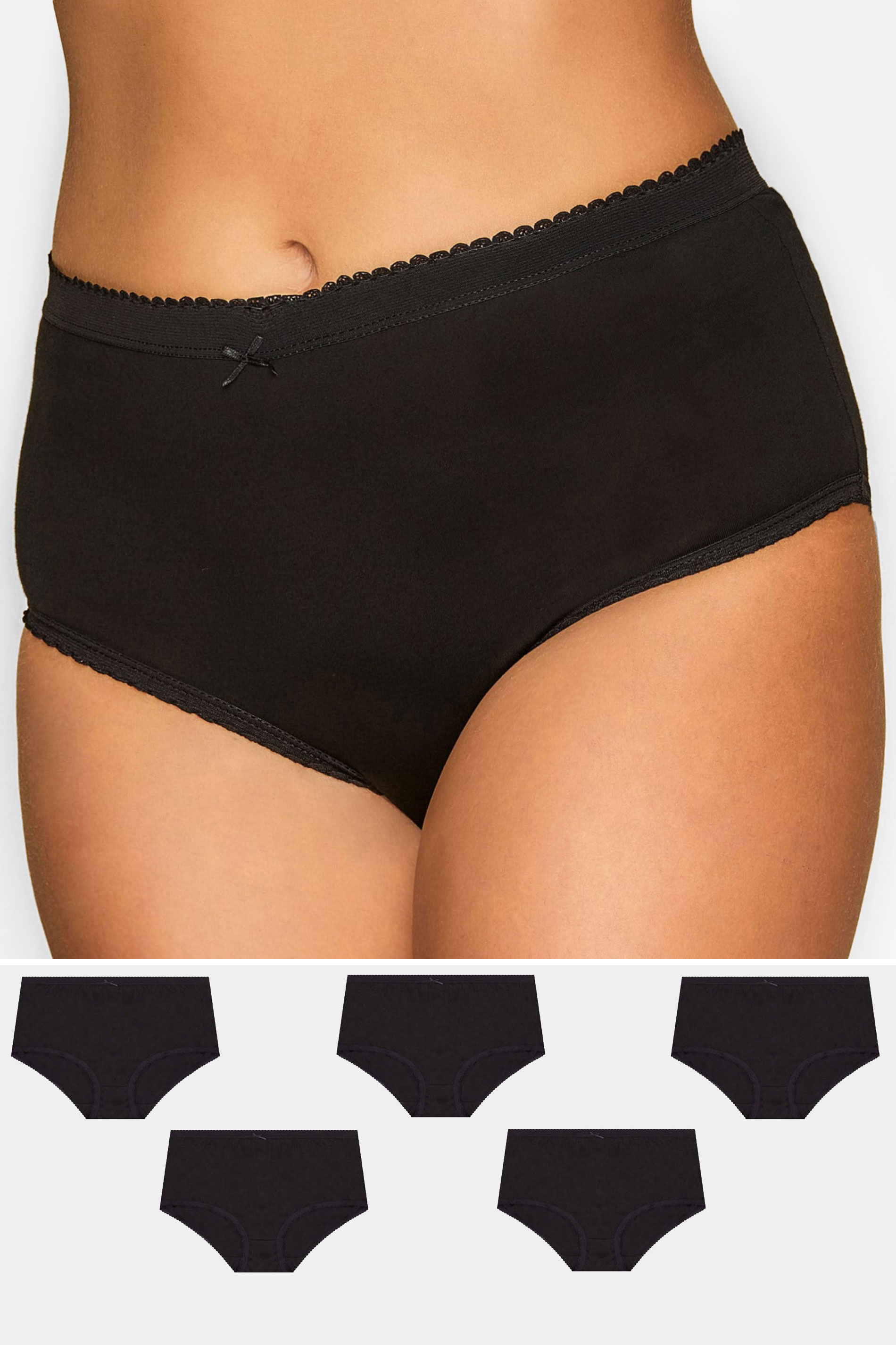 Plus Size 5 Pack Black Cotton High Waisted Full Briefs | Yours Clothing 1