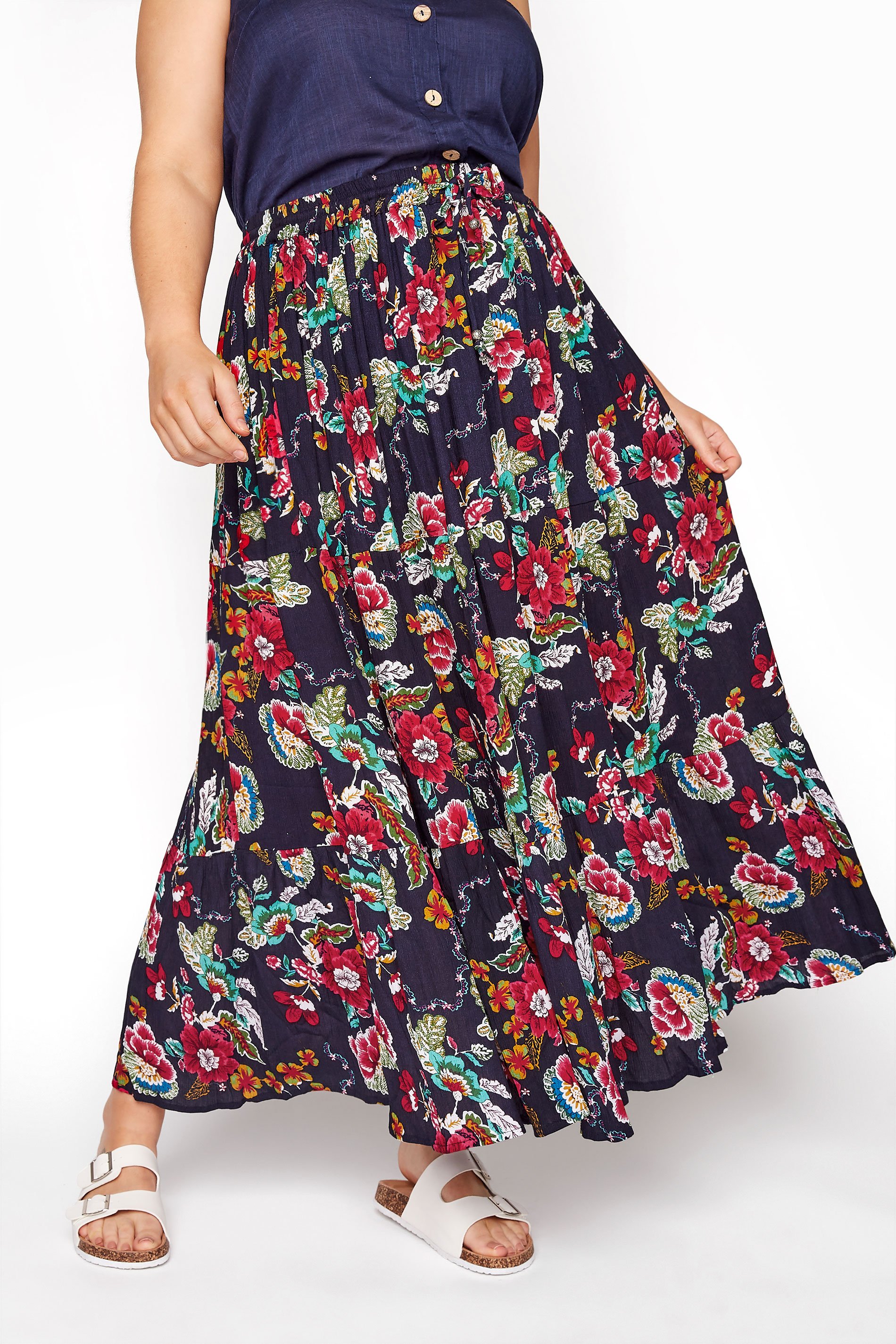 Navy Floral Crinkle Tiered Maxi Skirt | Yours Clothing