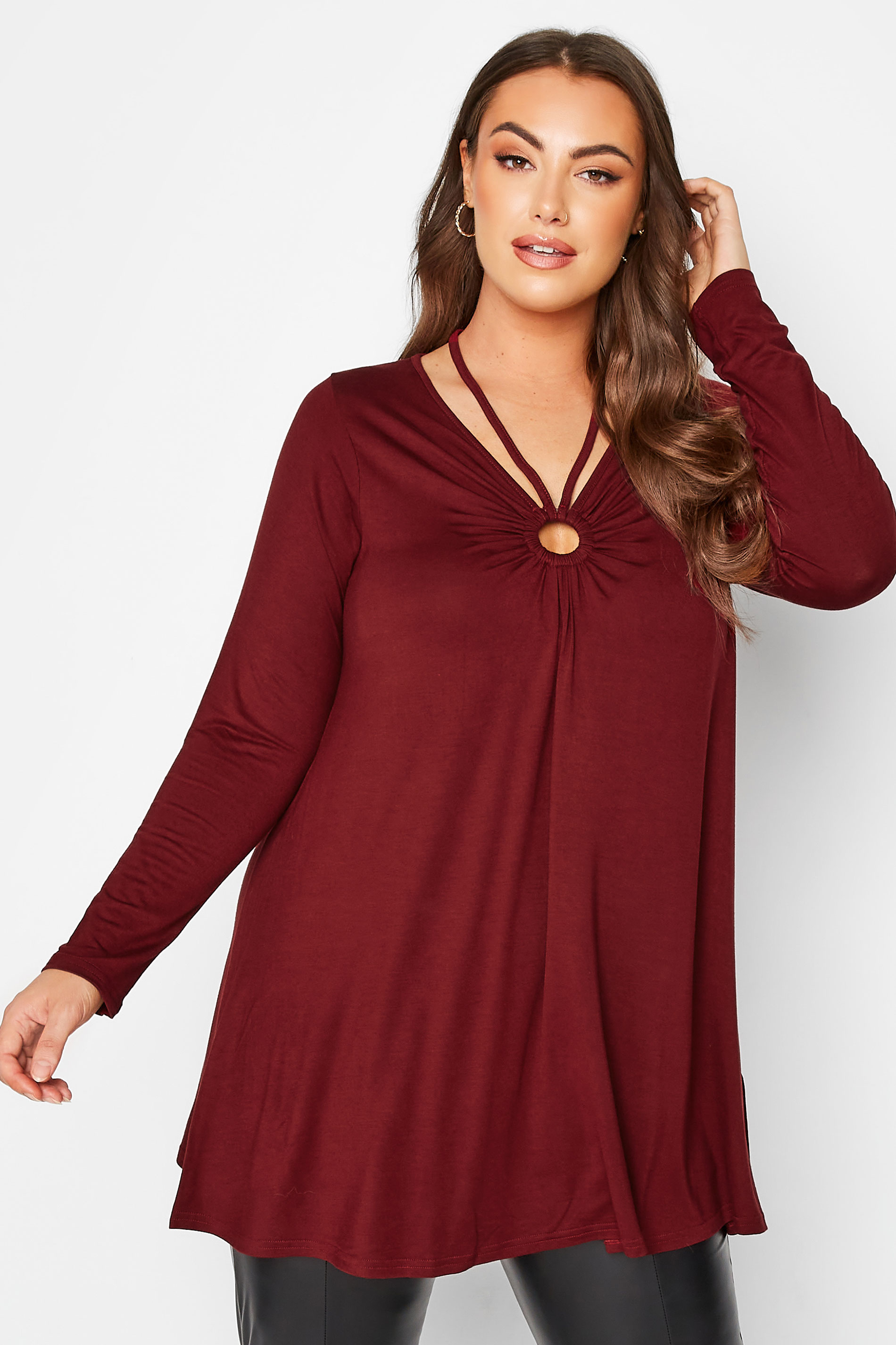 Plus Size Berry Red Keyhole Tie Neckline Swing Top | Yours Clothing 1