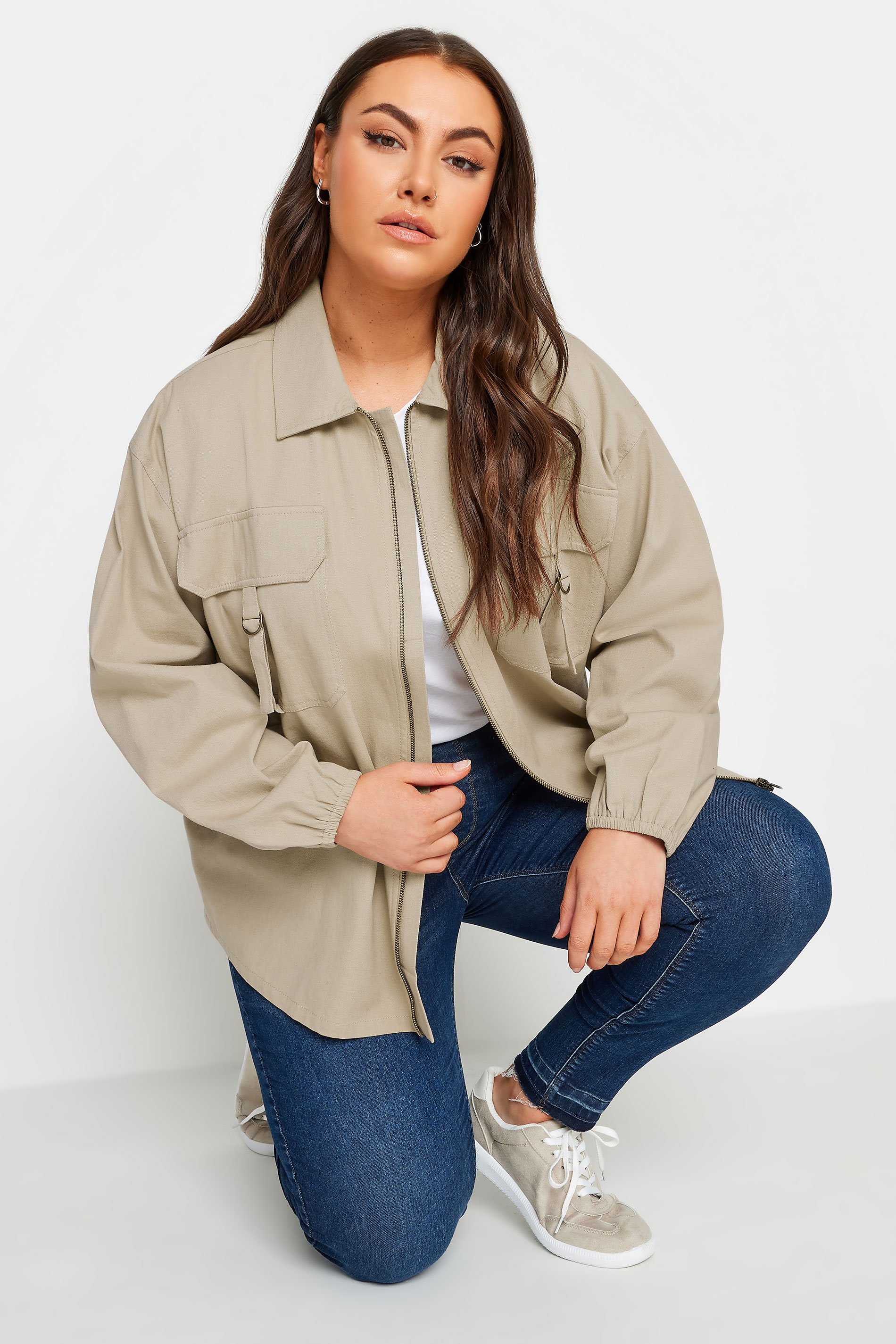 YOURS Plus Size Stone Brown Utility Bomber Jacket | Yours Clothing 3