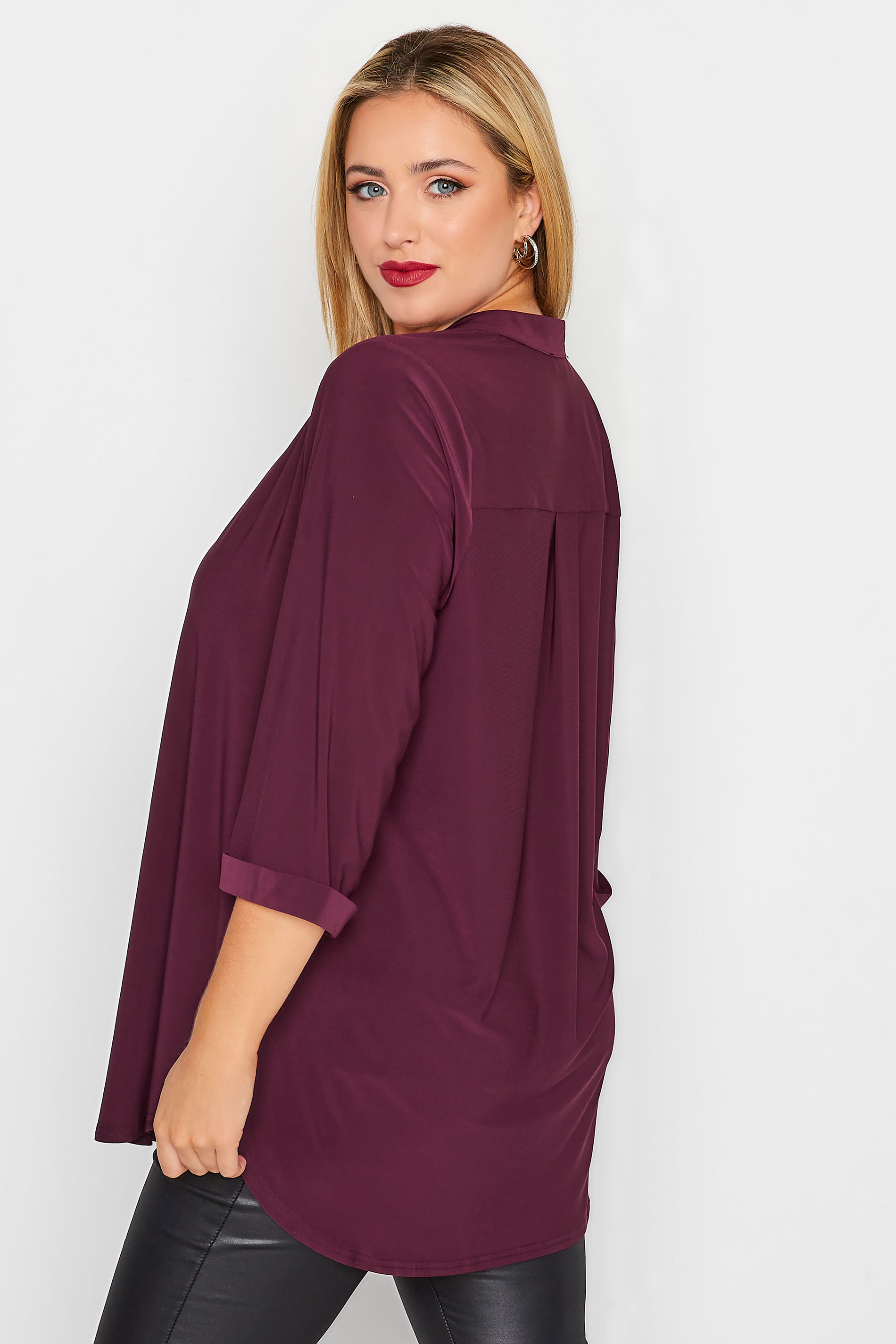 YOURS LONDON Plus Size Burgundy Red Half Placket Shirt | Yours Clothing 3